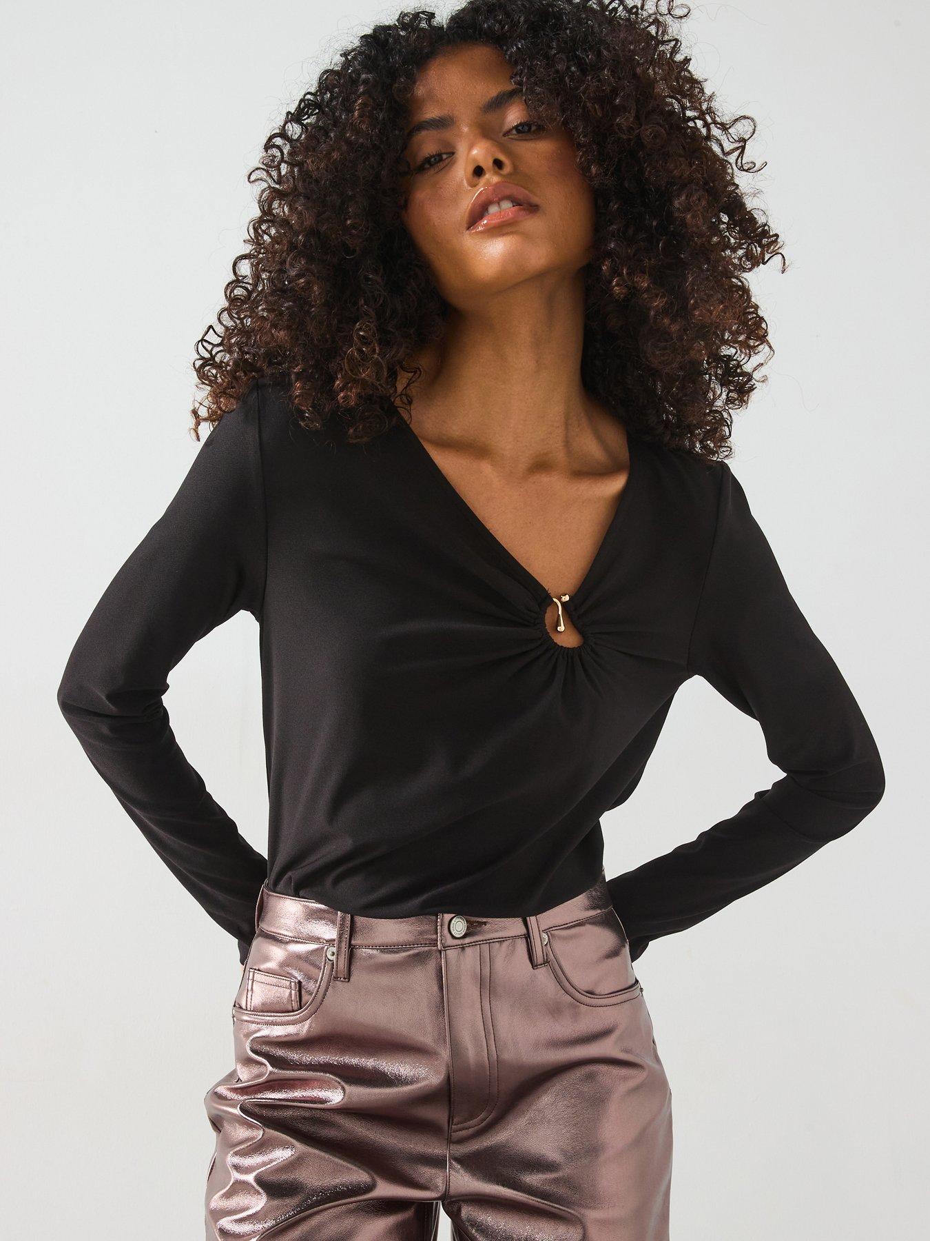 undefined Jersey Long Sleeve Ruched Detail Top - Black