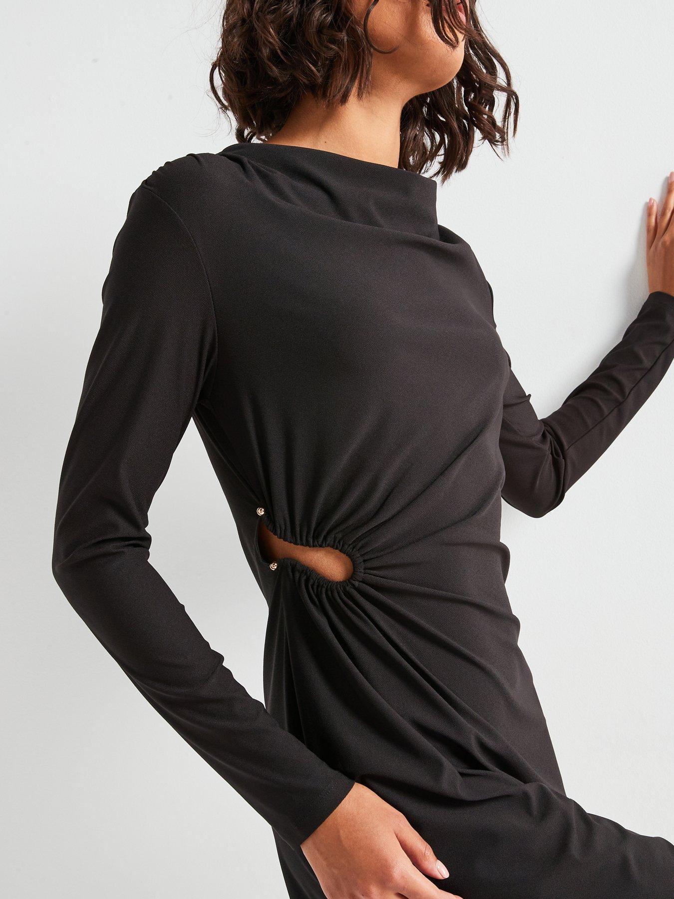 Image 4 of 4 of Vero Moda Long Sleeve Mini Boat Neck Dress - Black