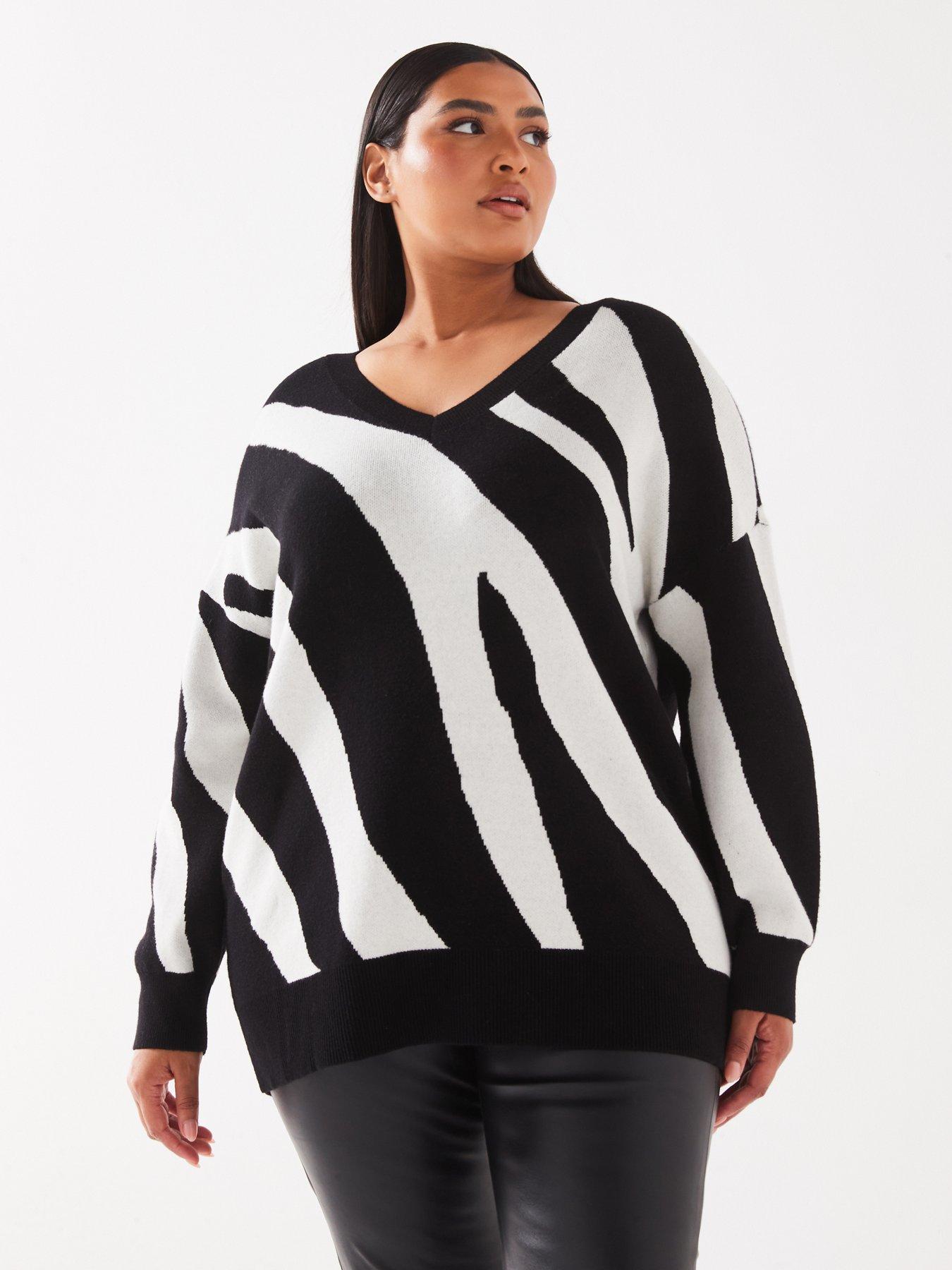 undefined V-neck Long Sleeve Zebra Pullover - Multi