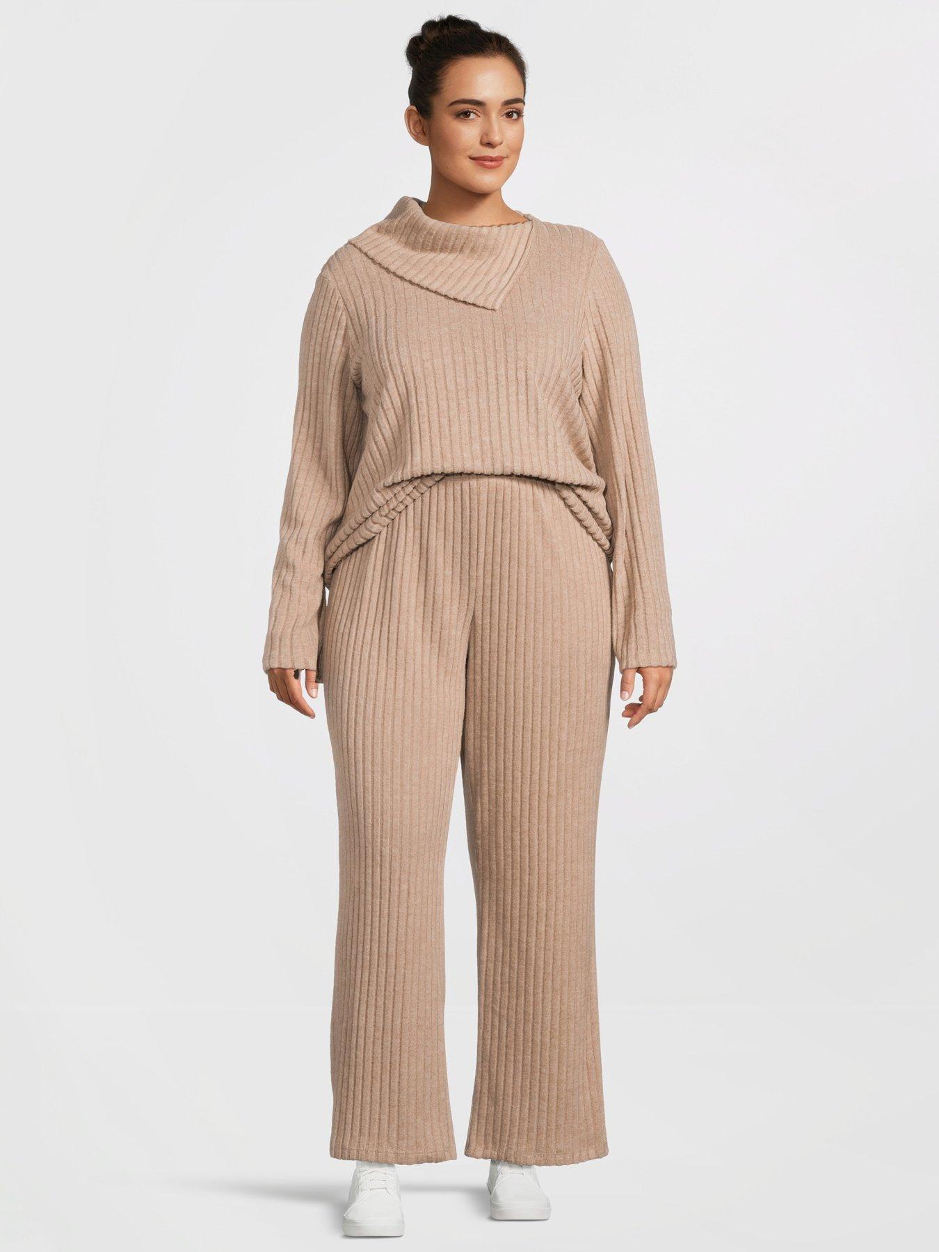 Image 3 of 5 of Vero Moda Curve Ribbed High Waist Wide Leg Pant - Beige