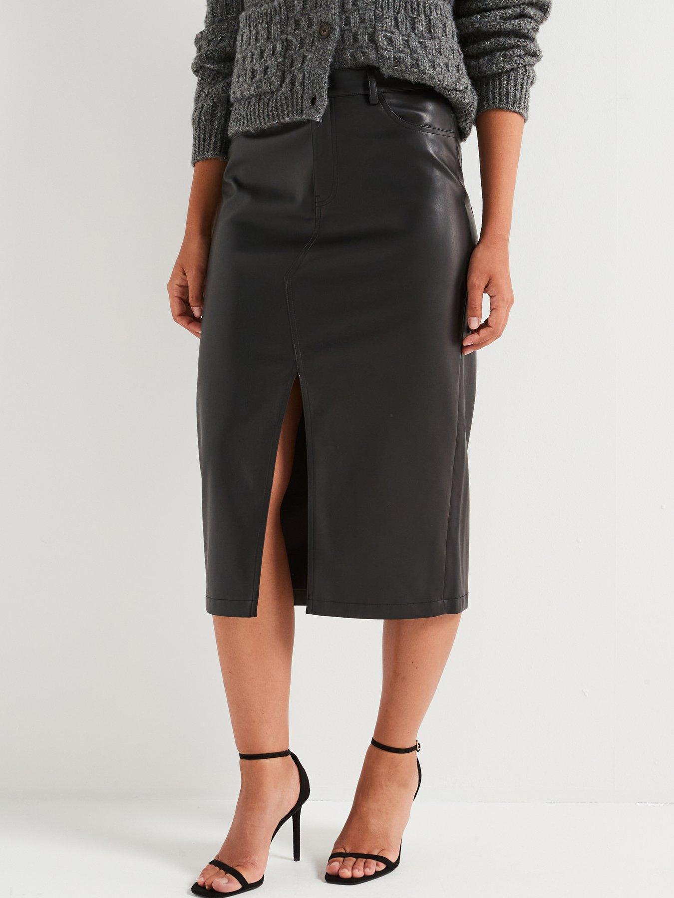 undefined Faux Leather Midi Skirt - Black