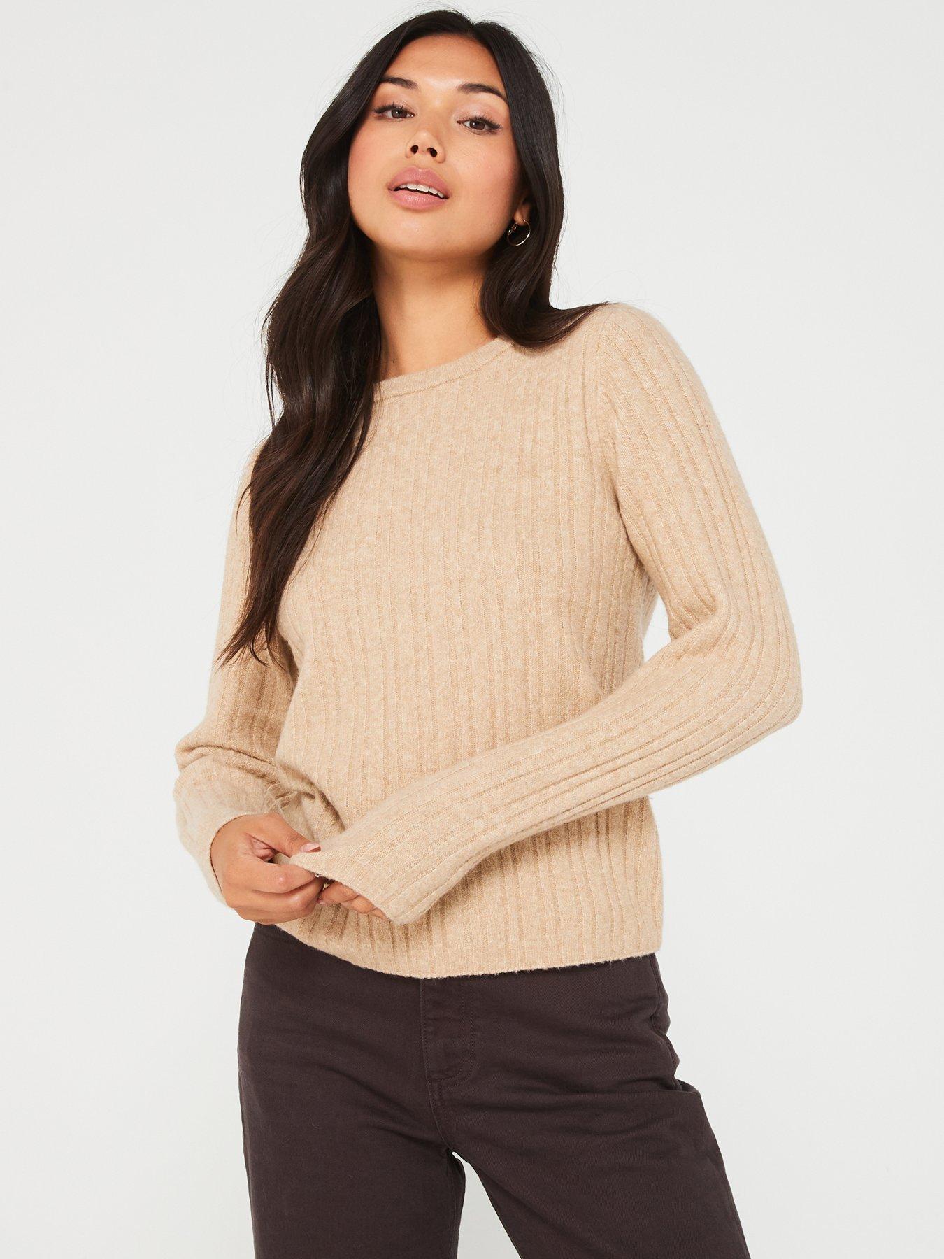 undefined Round Neck Long Sleeve Jumper - Beige