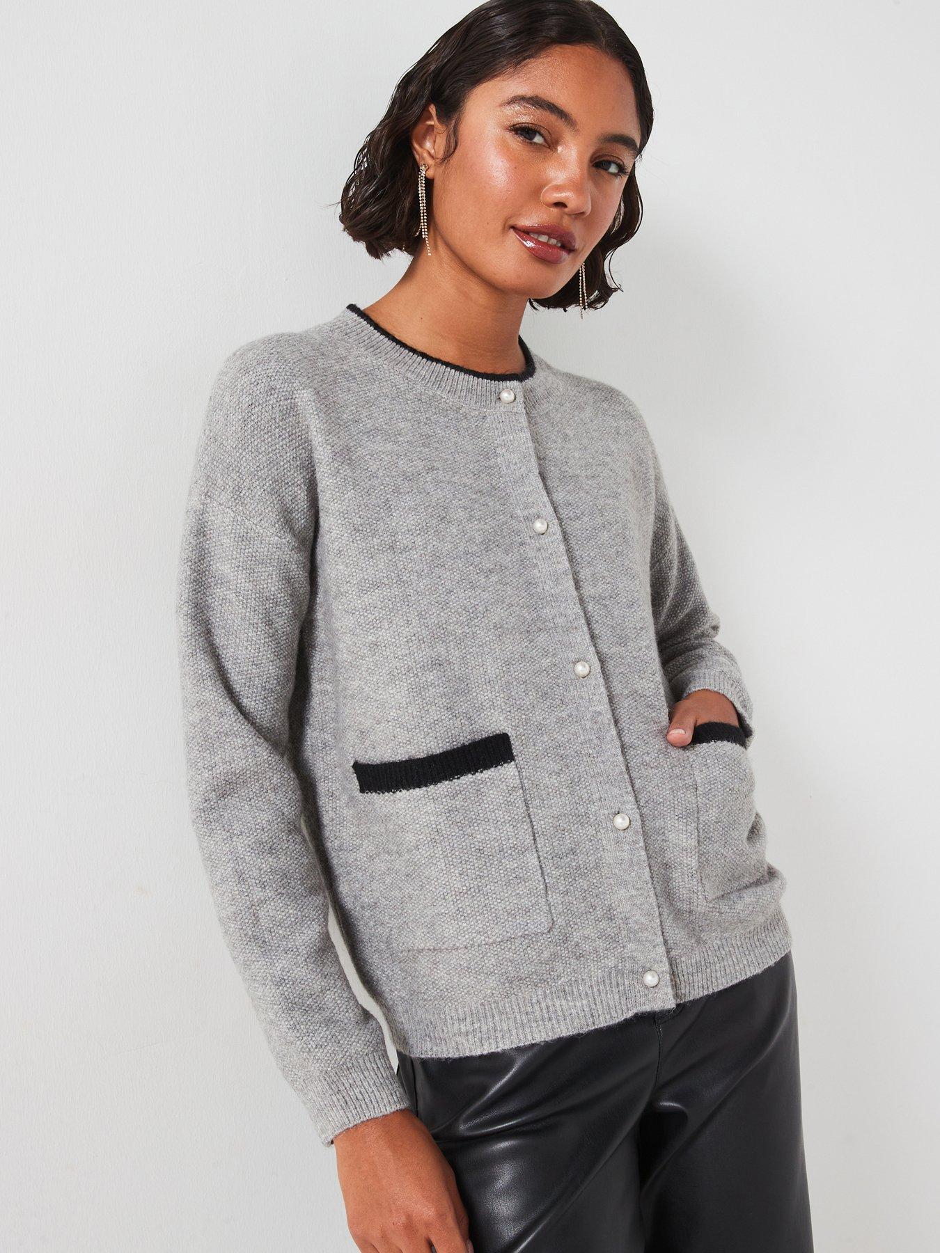 undefined Contrast Trim Button Cardigan - Grey