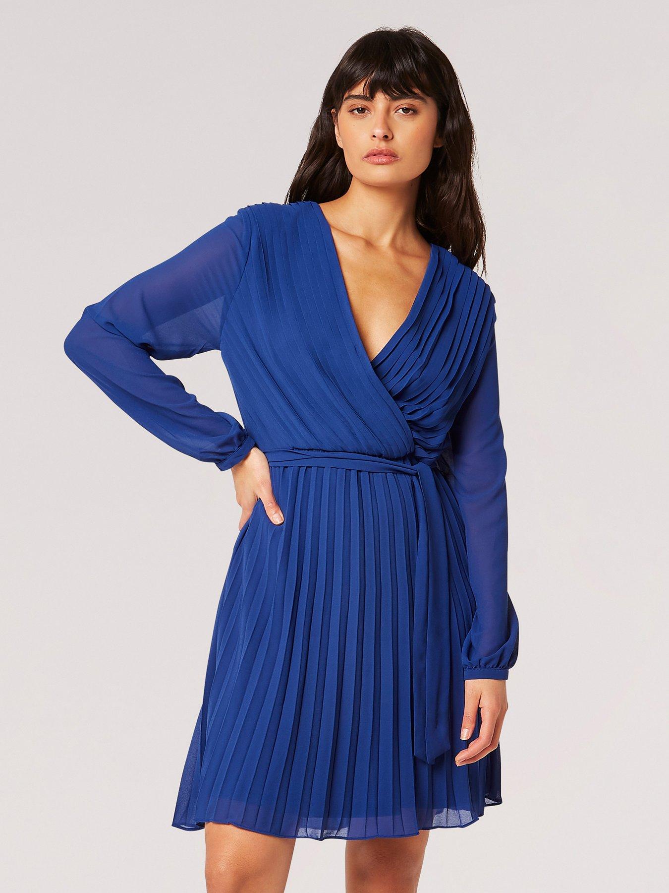 Pleated Long Sleeve Chiffon Wrap Dress Blue