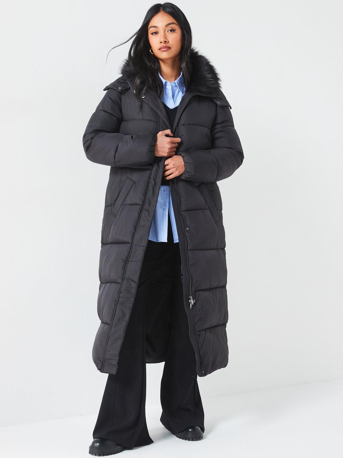 undefined Longline Padded Hooded Coat With Faux Fur Trim Collar - Black