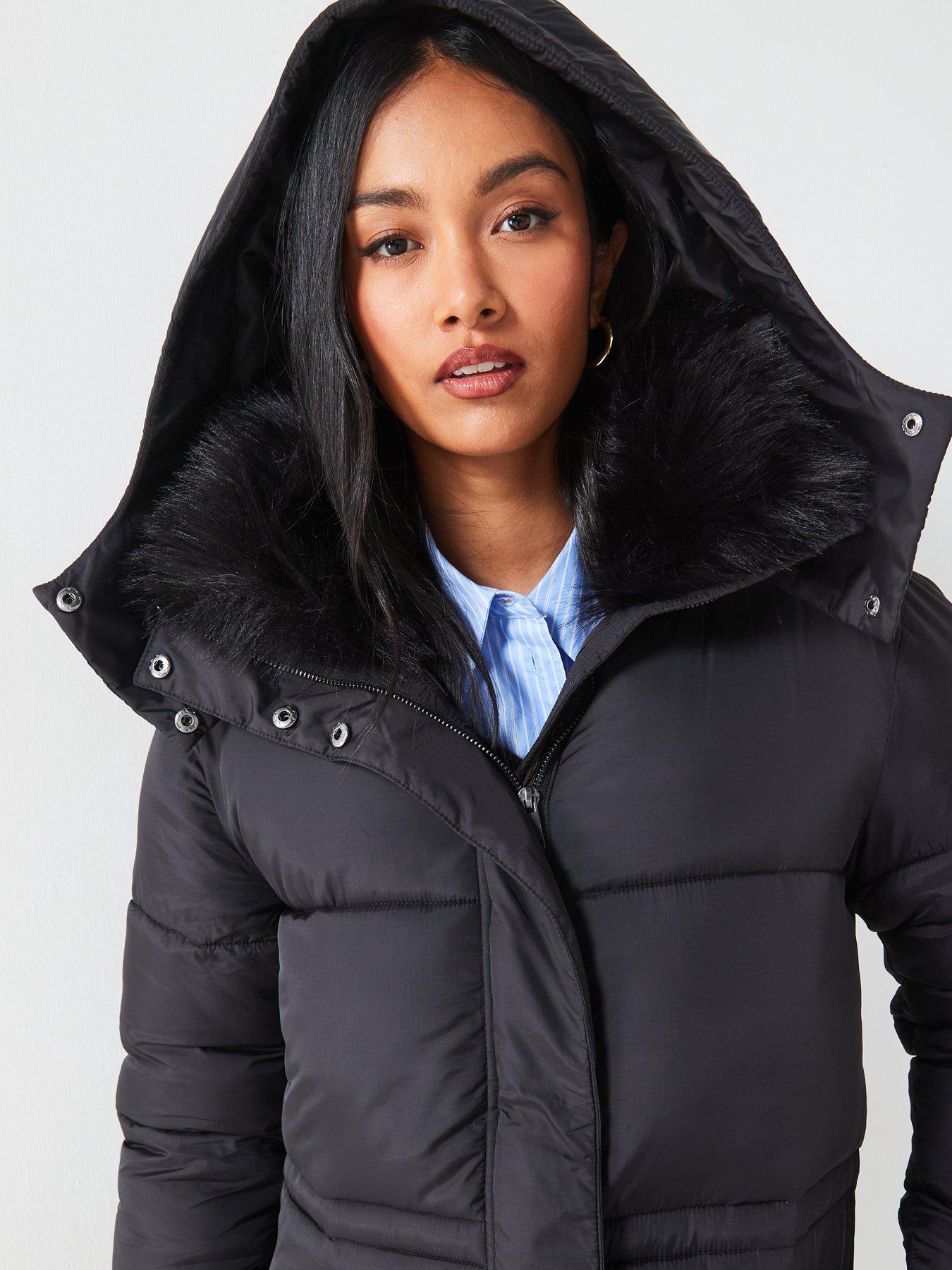 V by Very Longline Padded Hooded Coat With Faux Fur Trim Collar
