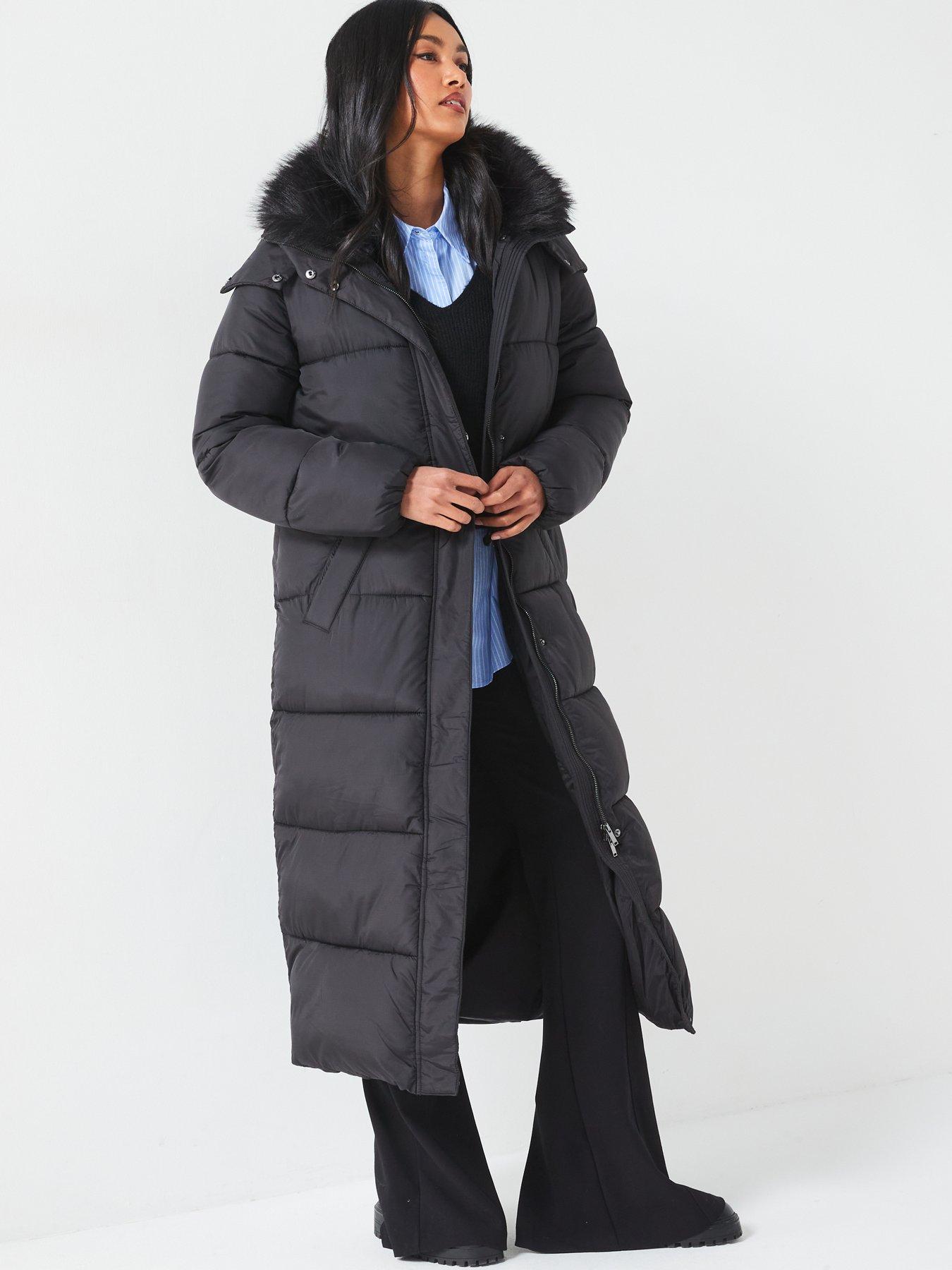 Longline Puffer Ax Paris Long Black Down Coat With Fur Hood V By