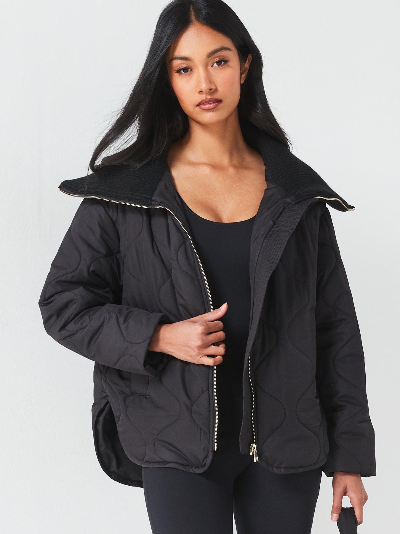 undefined Knit Trim Collar Quilted Coat - Black