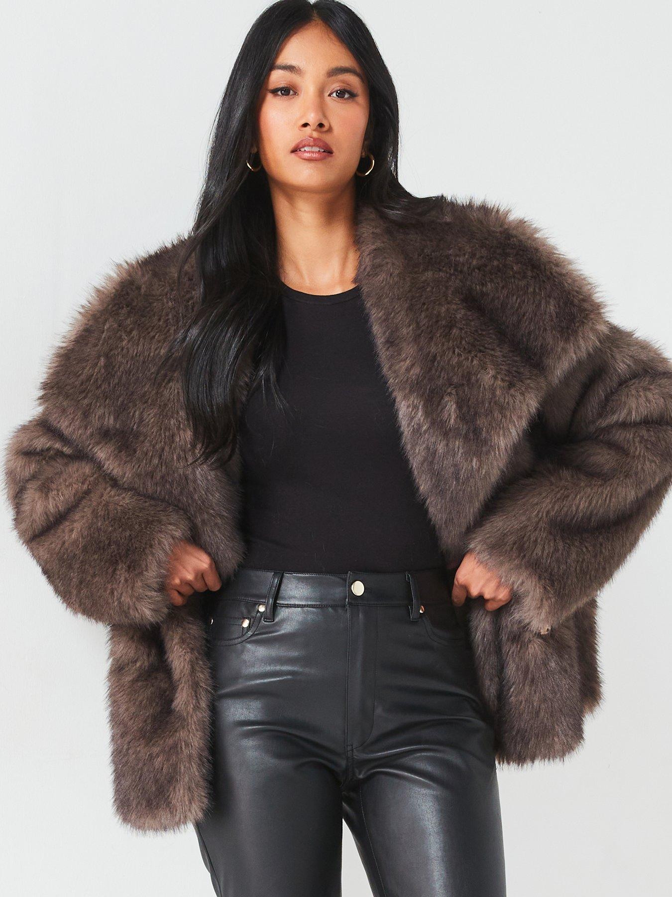 undefined Longline Shawl Collar Faux Fur Coat - Brown
