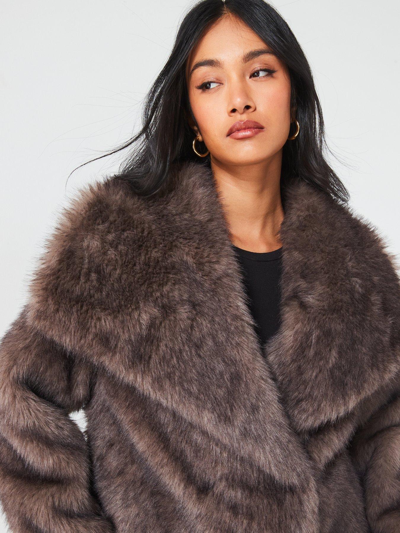 V by Very Longline Shawl Collar Faux Fur Coat Brown Very