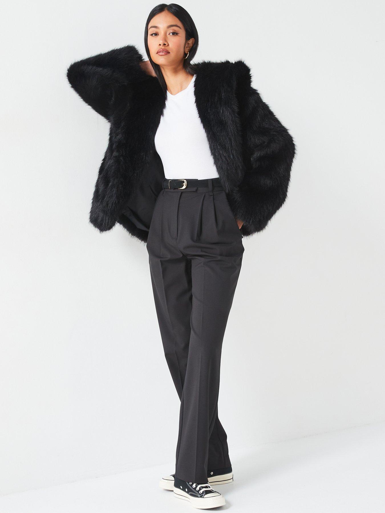 V by Very Faux Fur Hooded Coat Black Very