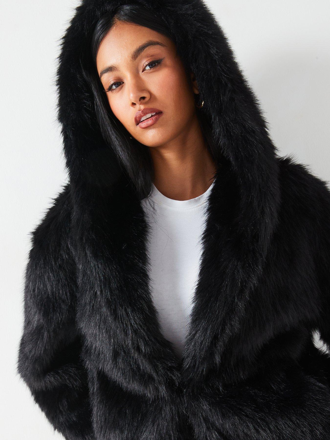 V by Very Faux Fur Hooded Coat Black Very