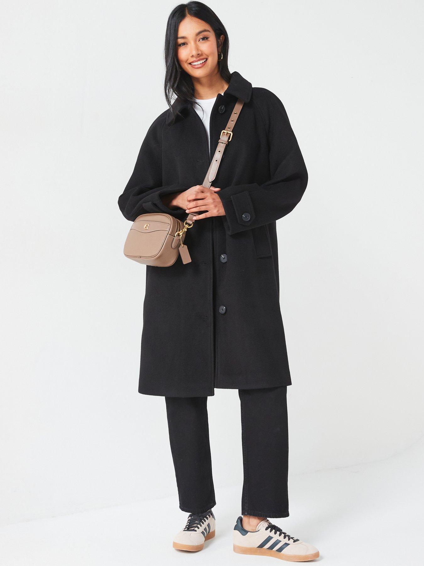 undefined Faux Wool Trench Coat - Black