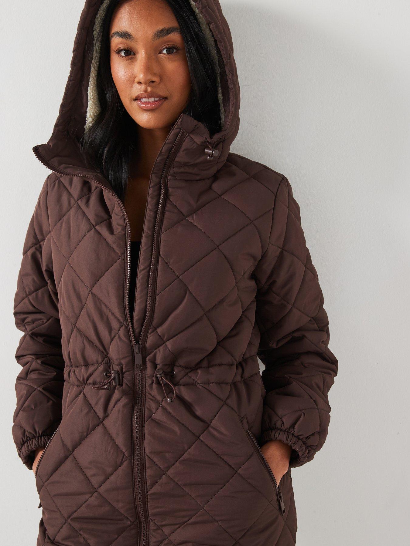 Quilted Hooded Coat With Borg Lining Brown