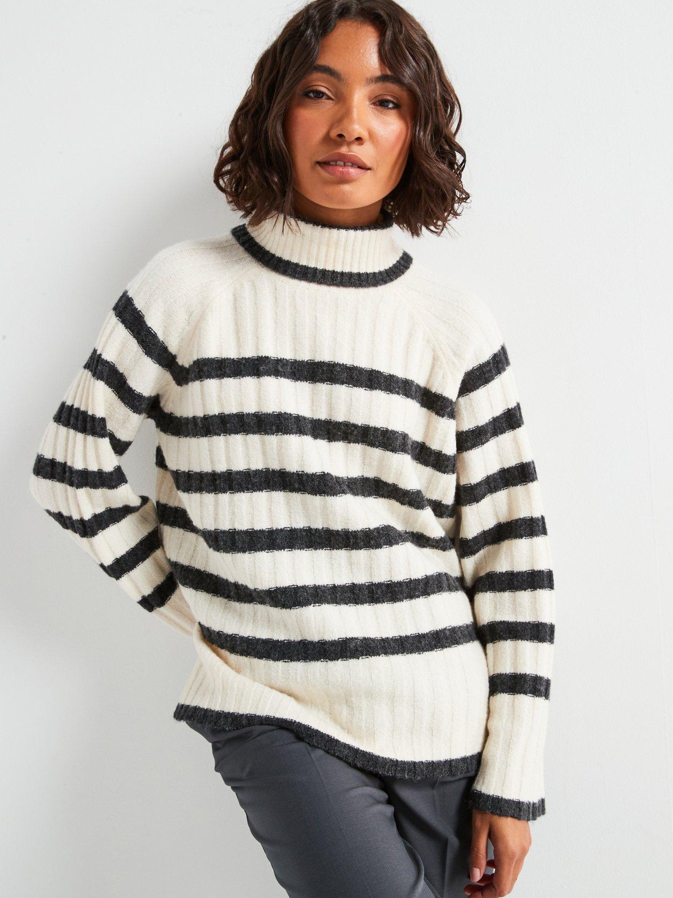 undefined High Neck Stripe Jumper - Beige