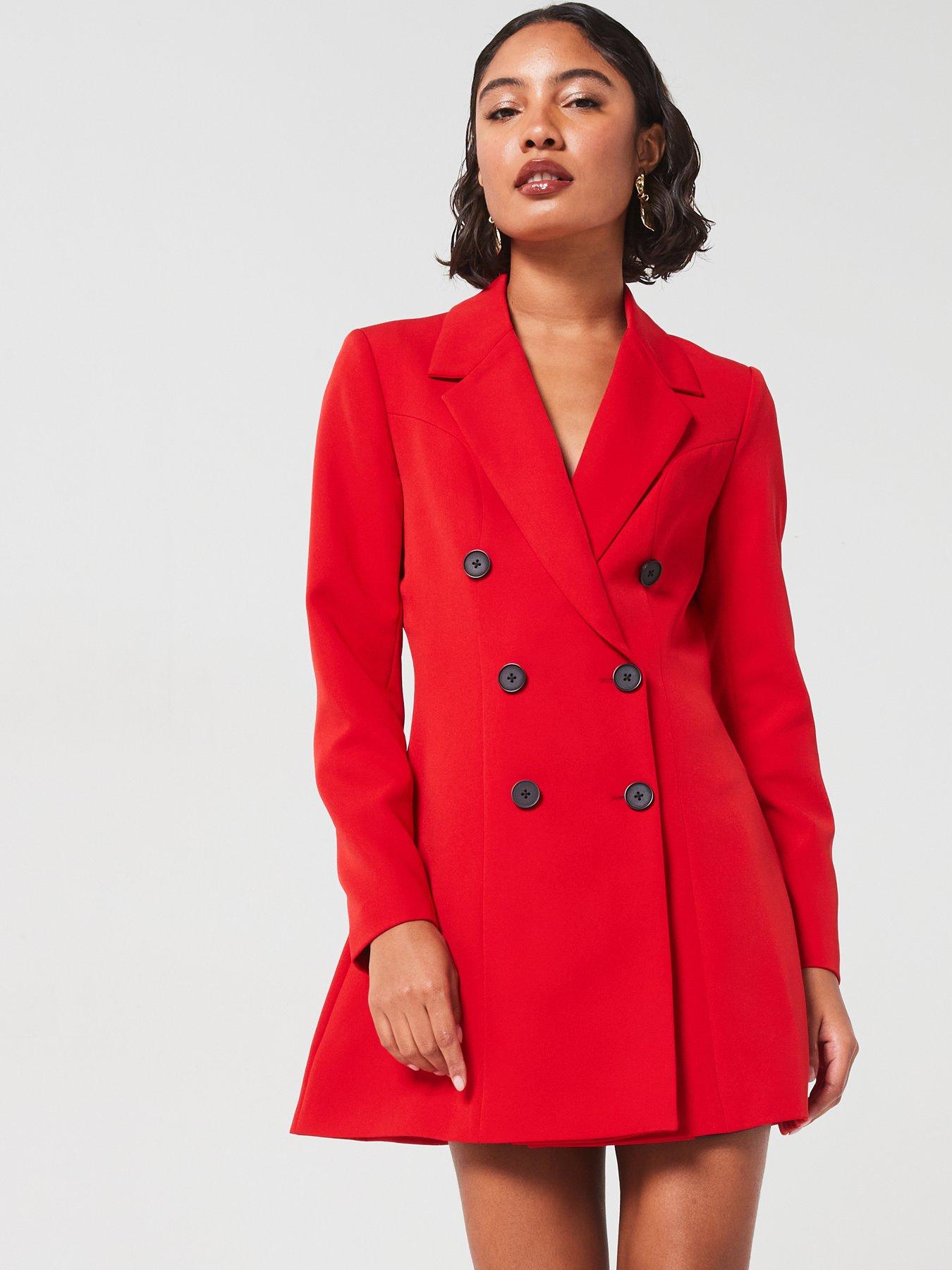 undefined Fitted Long Sleeve Blazer Dress - Red