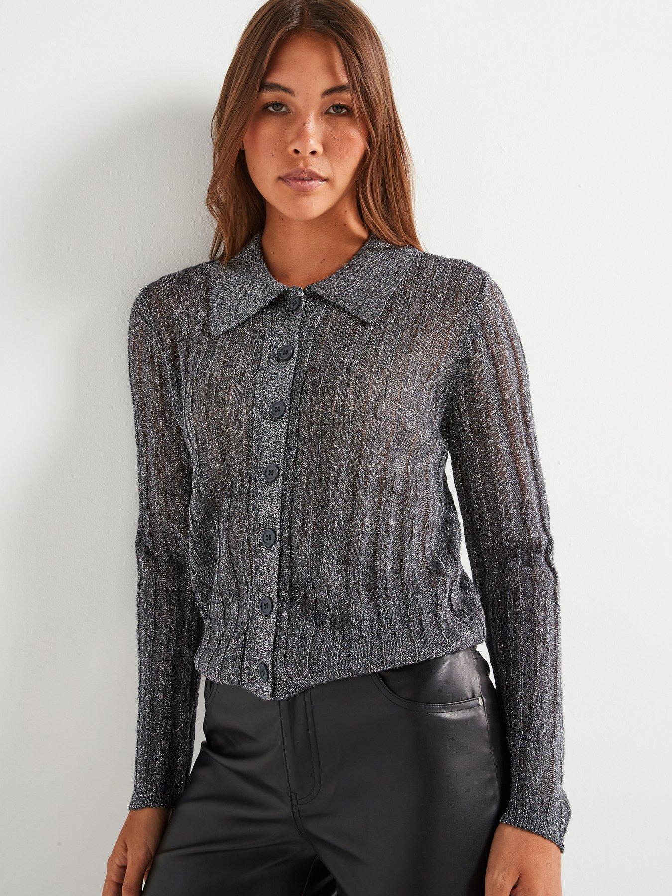 undefined Long Sleeve Short Polo Neck Cardigan - Grey
