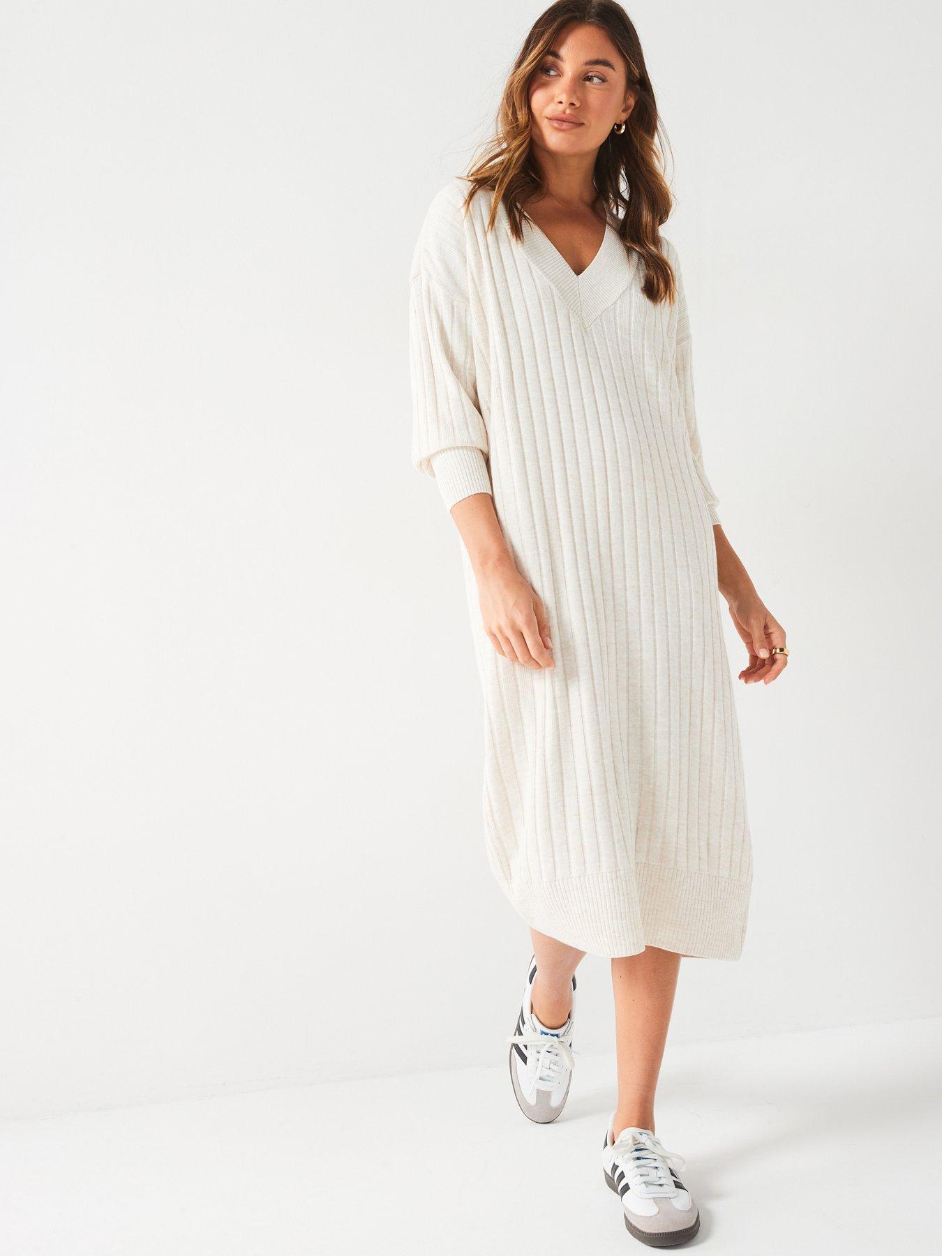 undefined V Neck Long Sleeve Knitted Midi Dress - Beige