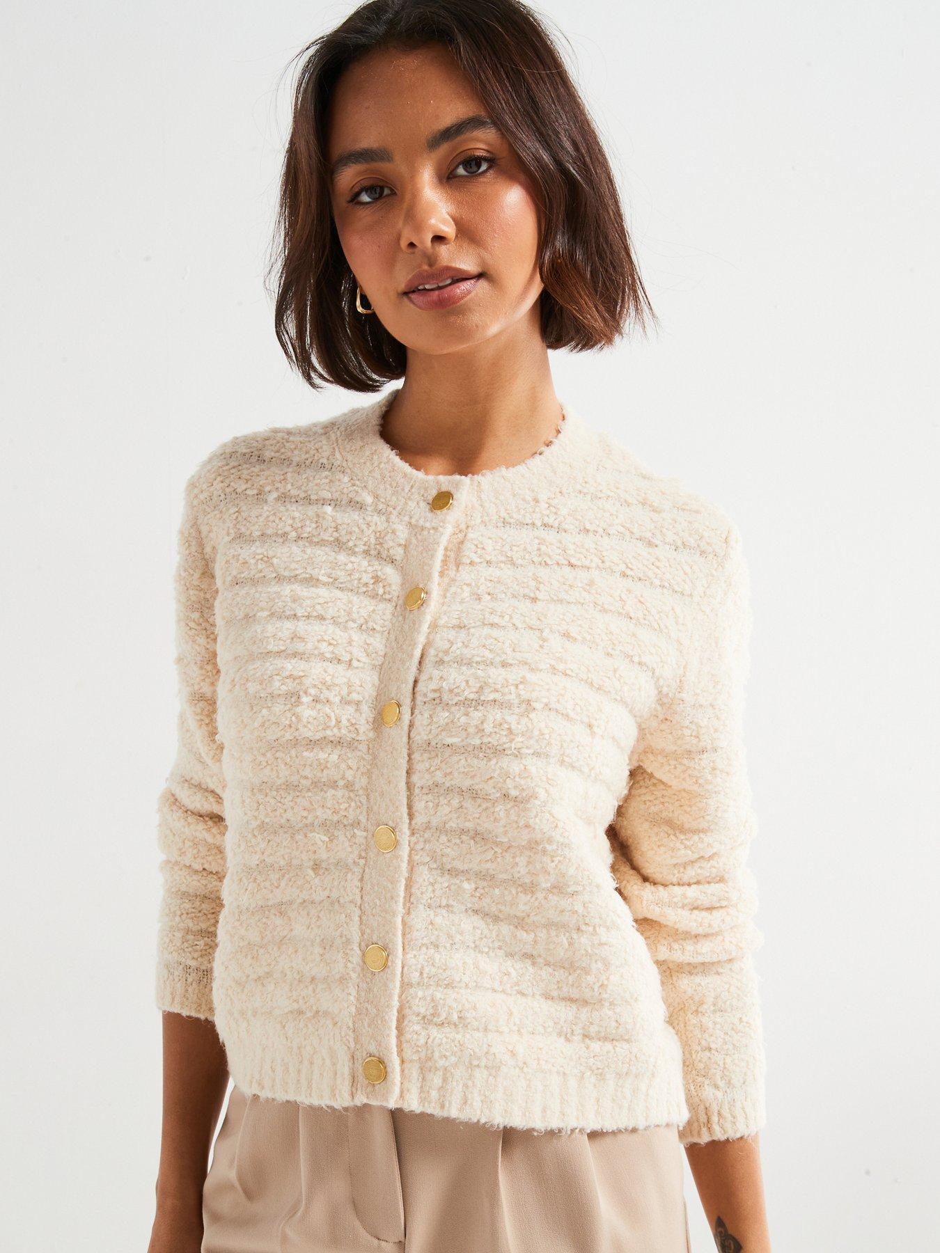 undefined Textured Long Sleeve Knitted Cardigan - Cream