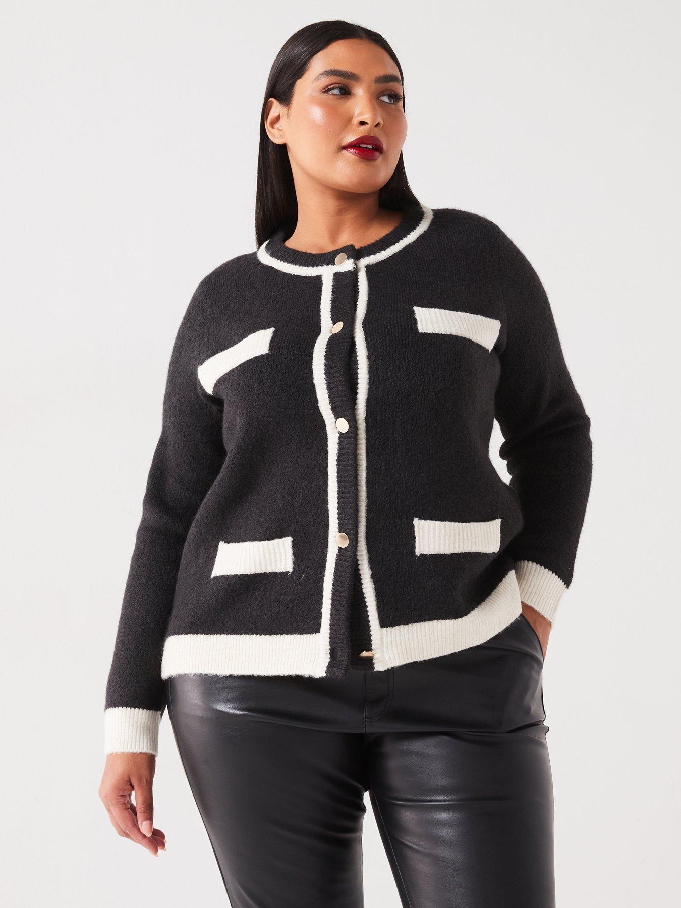 undefined Contrast Trim Button Cardigan - Black