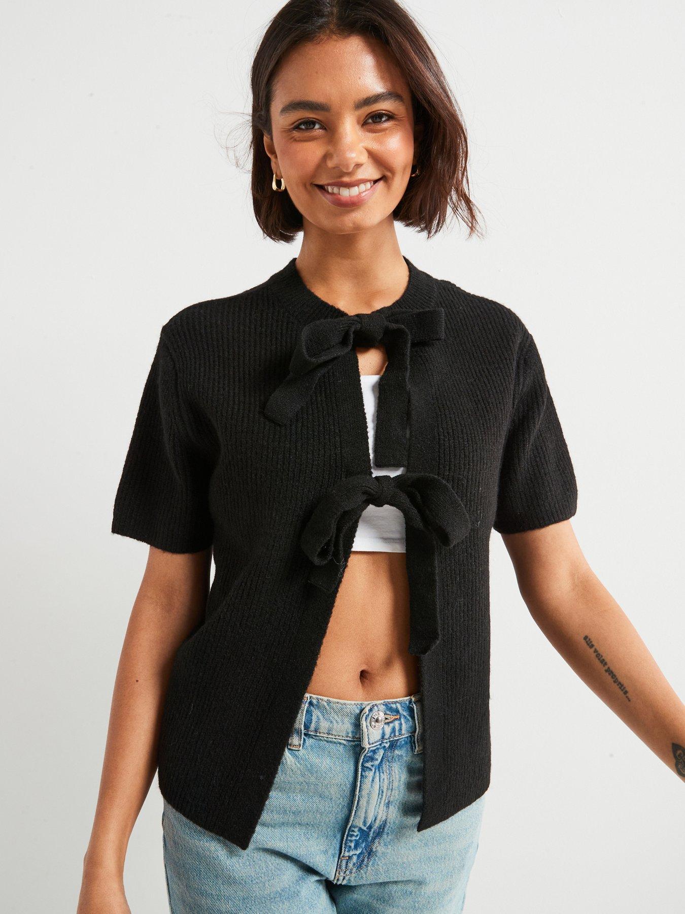 undefined Short Sleeve Tie Knitted Cardigan - Black