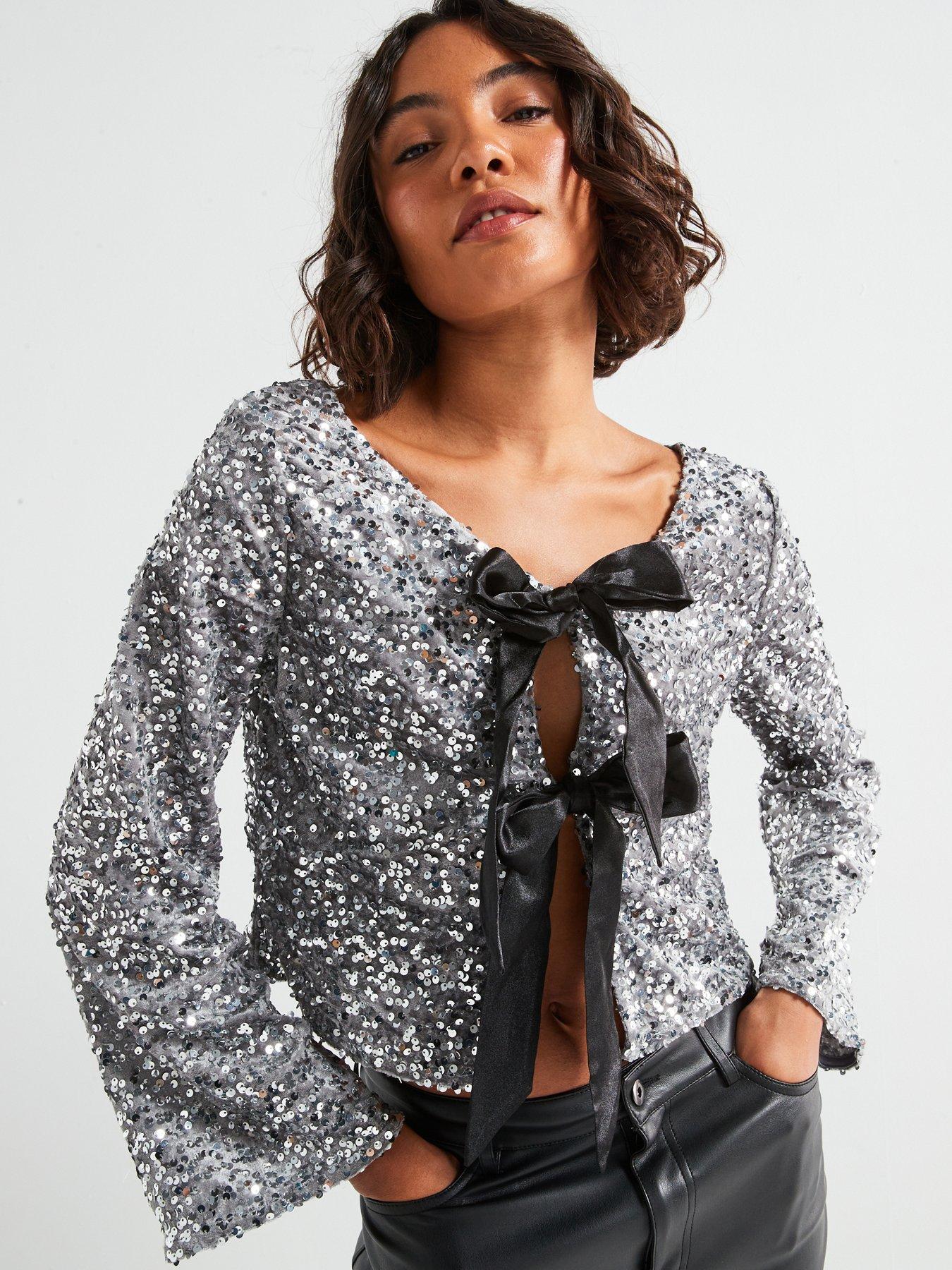 undefined Sequin Long Sleeve Bow Detail Top - Silver