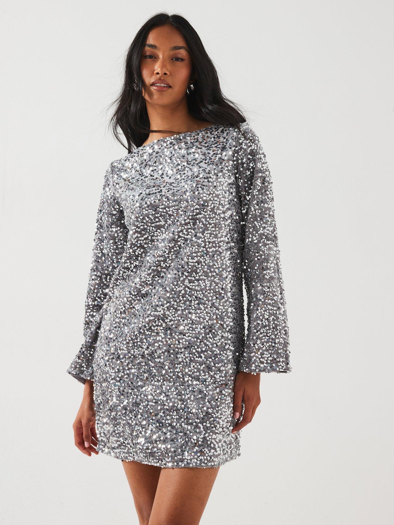 undefined Sequin Long Sleeve Bow Detail Mini Dress - Silver