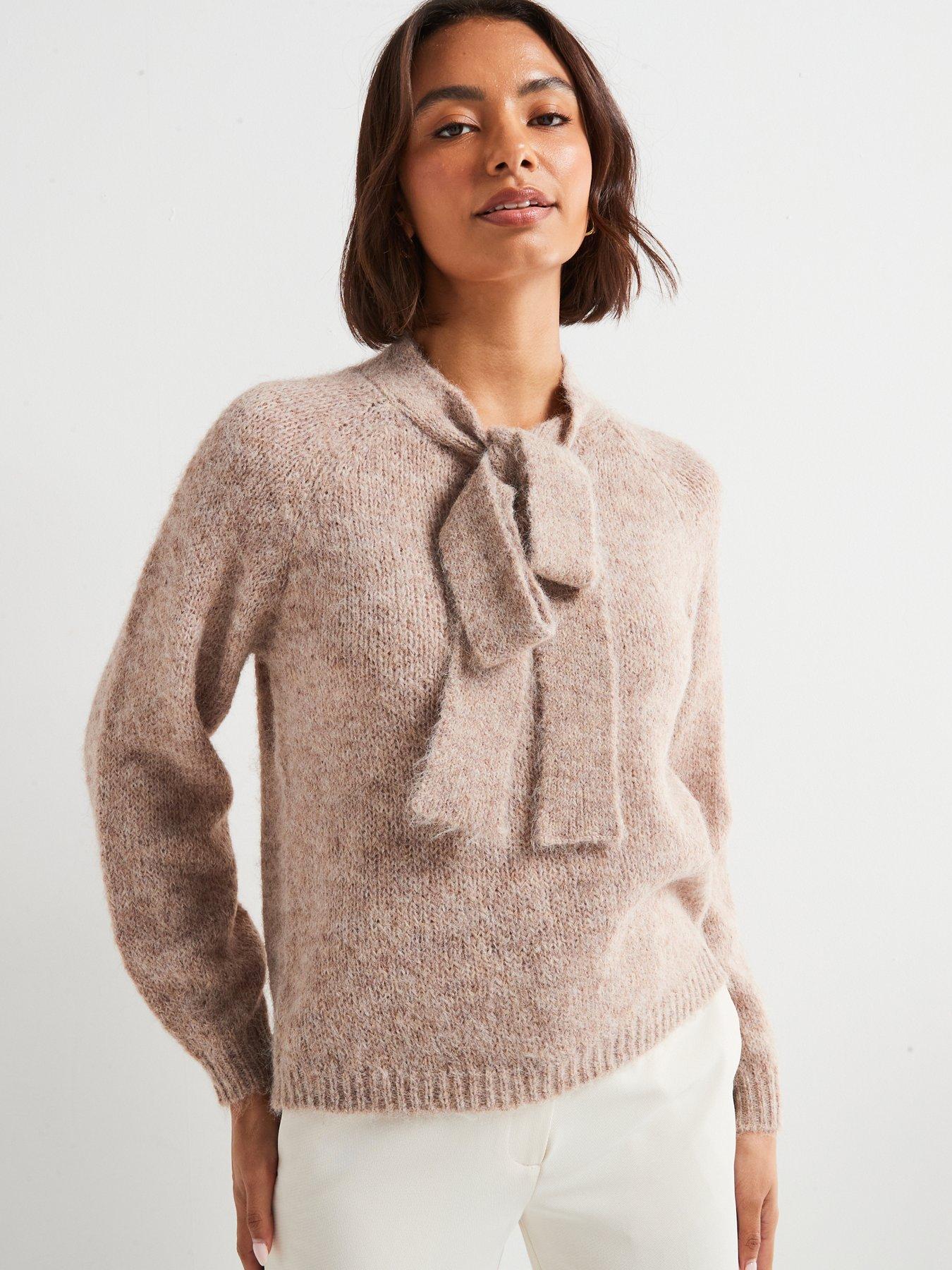 undefined Zoey Long Sleeve Bow Knitted Pullover - Neutral