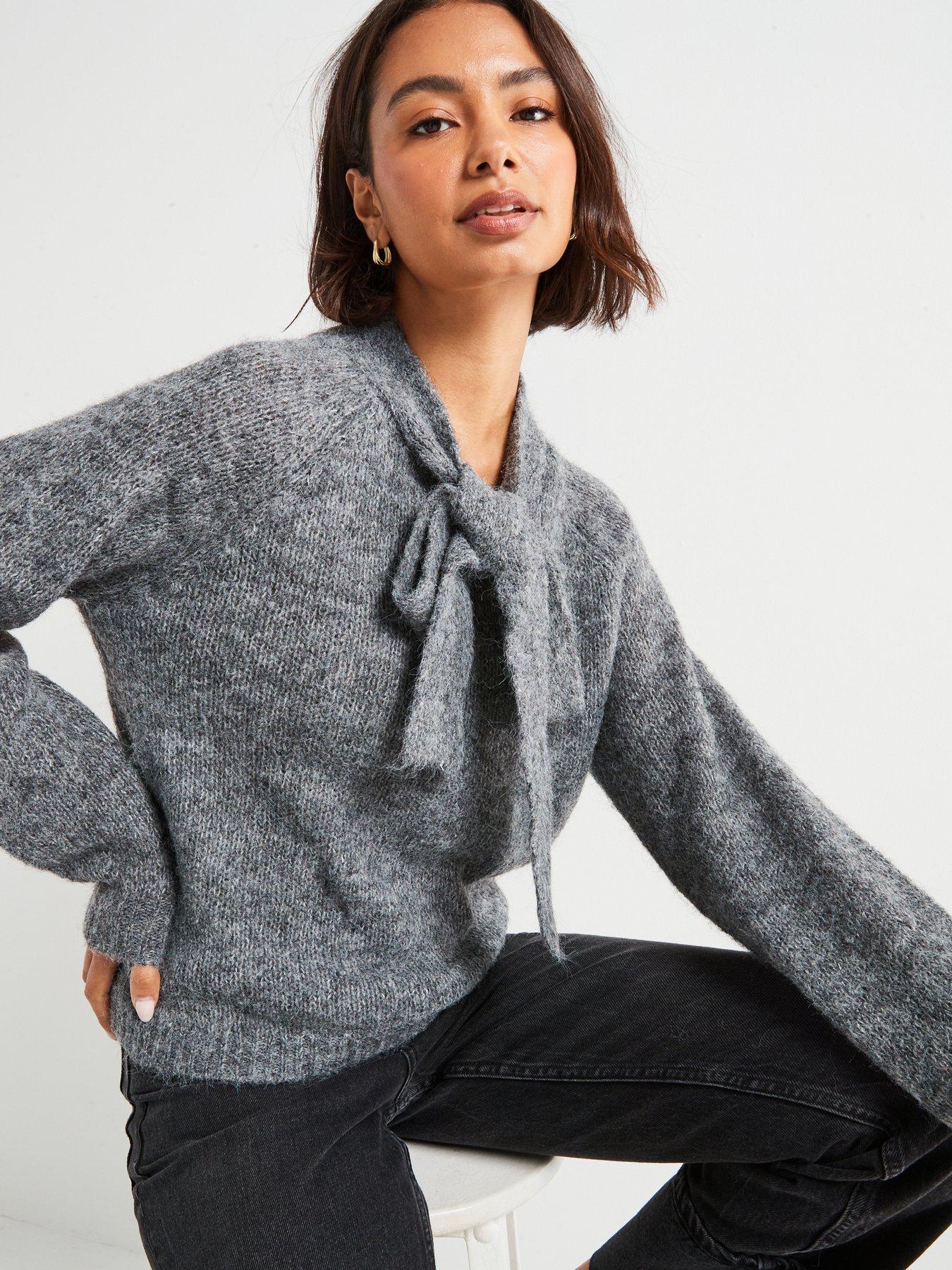 undefined Zoey Long Sleeve Bow Knitted Pullover - Grey