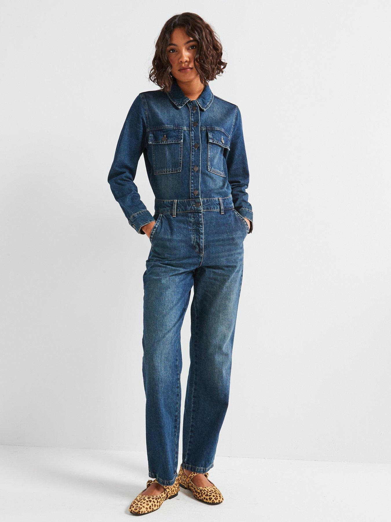 undefined Long Sleeve Denim Jumpsuit - Dark Blue