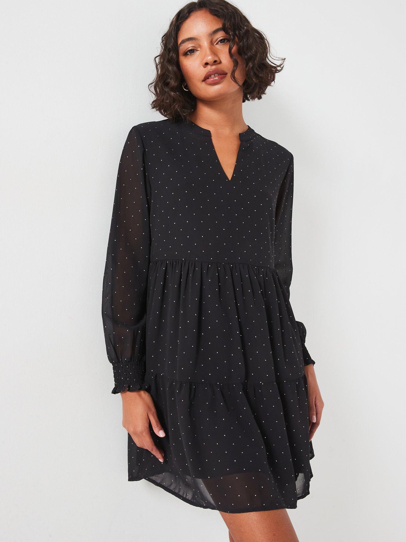 undefined Tiered Long Sleeve Dress - Black