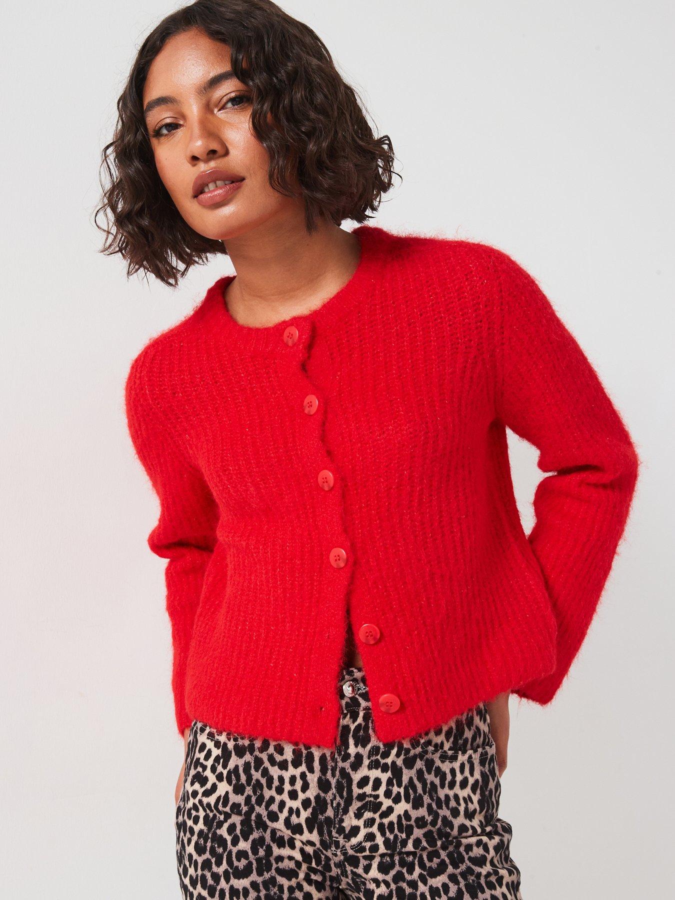 undefined Long Sleeve O-Neck Cardigan - Red