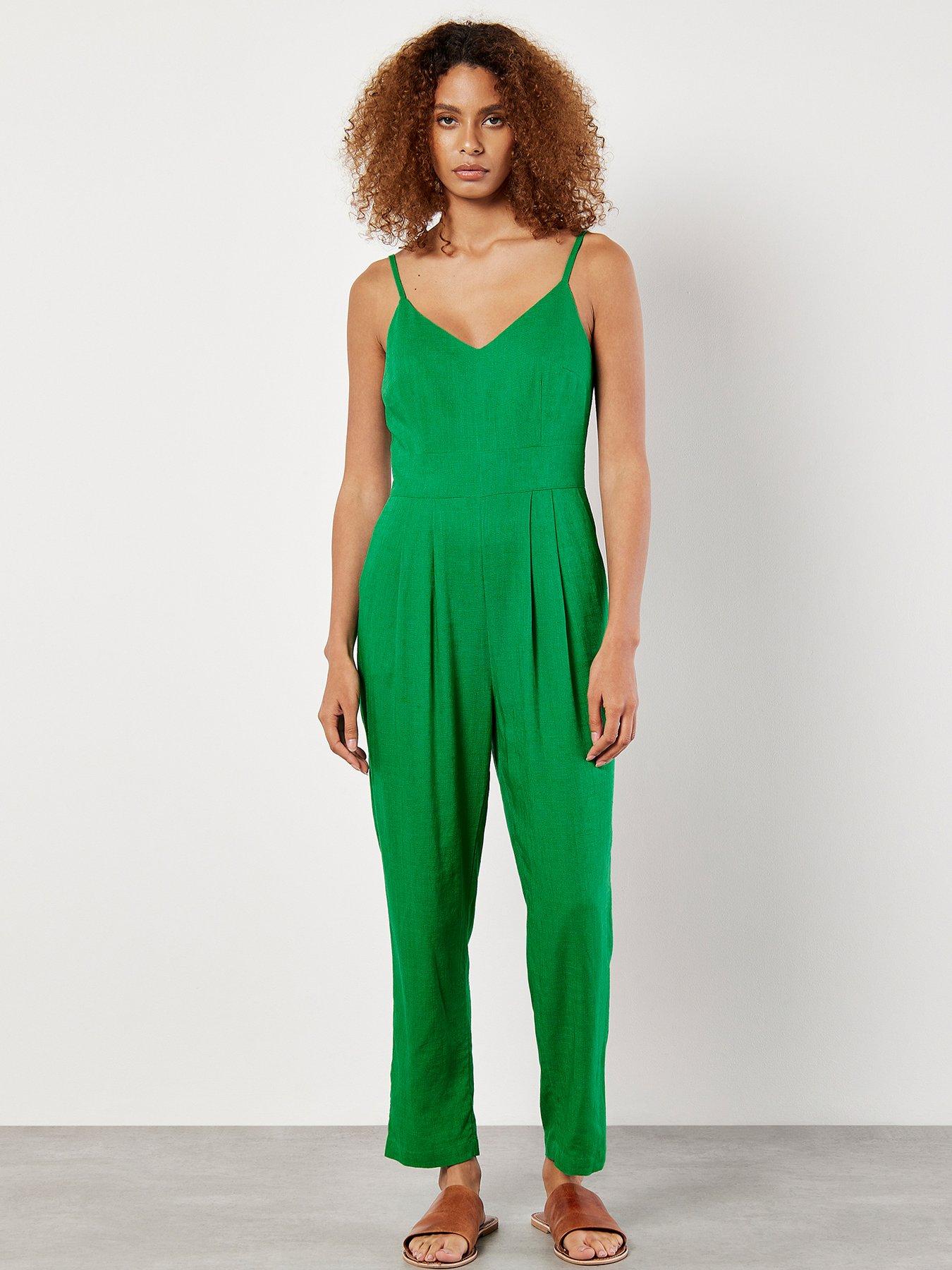 Linen Mix Pleat Cami Jumpsuit Green