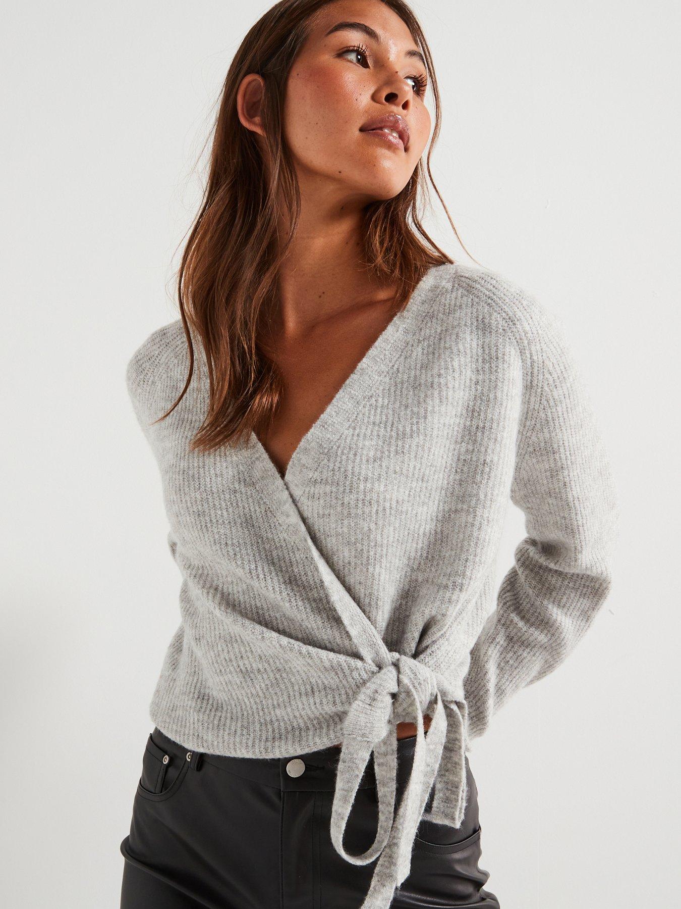 undefined Wrap Long Sleeve V-Neck Cardigan - Grey
