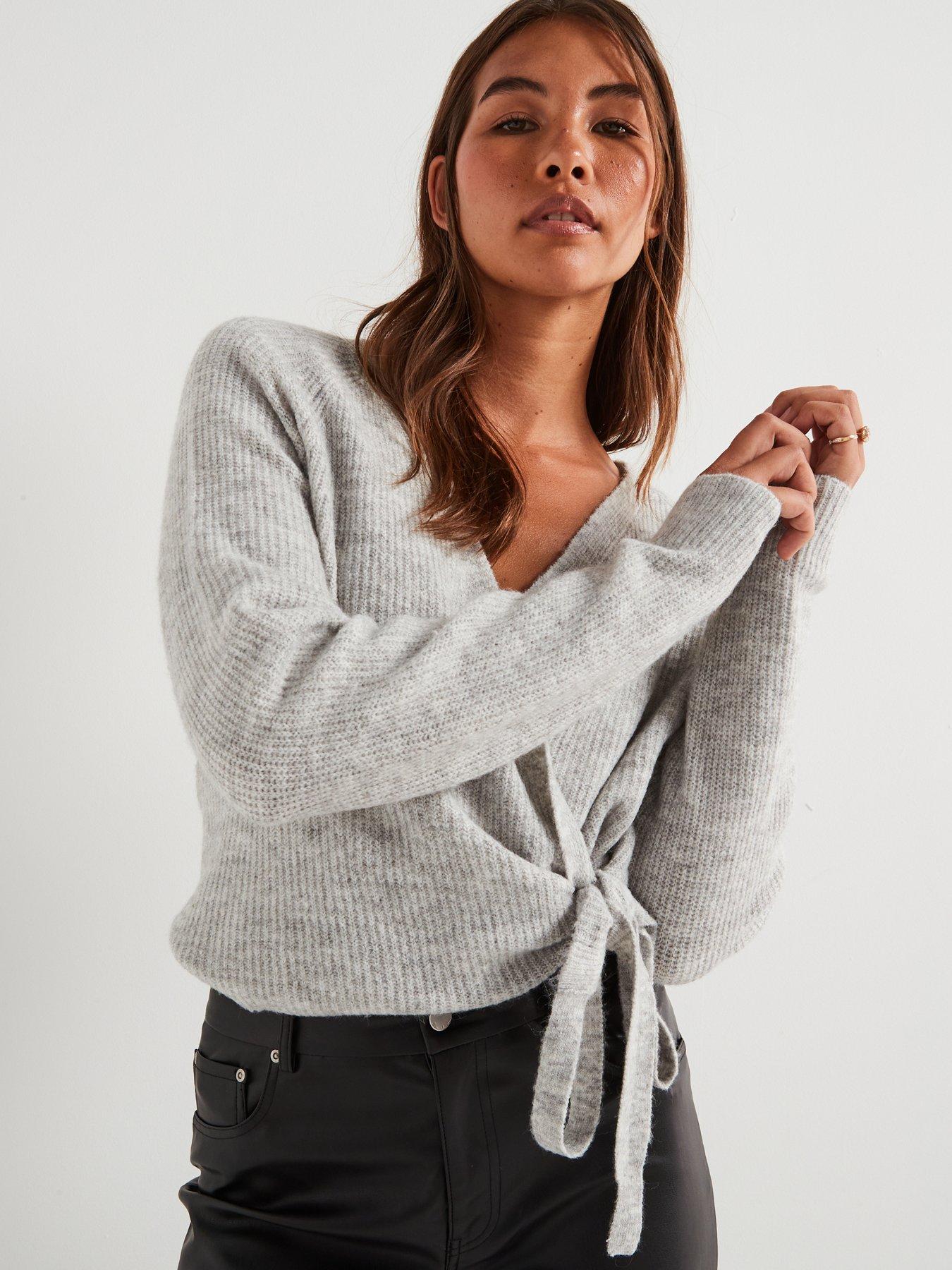 Image 4 of 6 of Vero Moda Wrap Long Sleeve V-Neck Cardigan - Grey