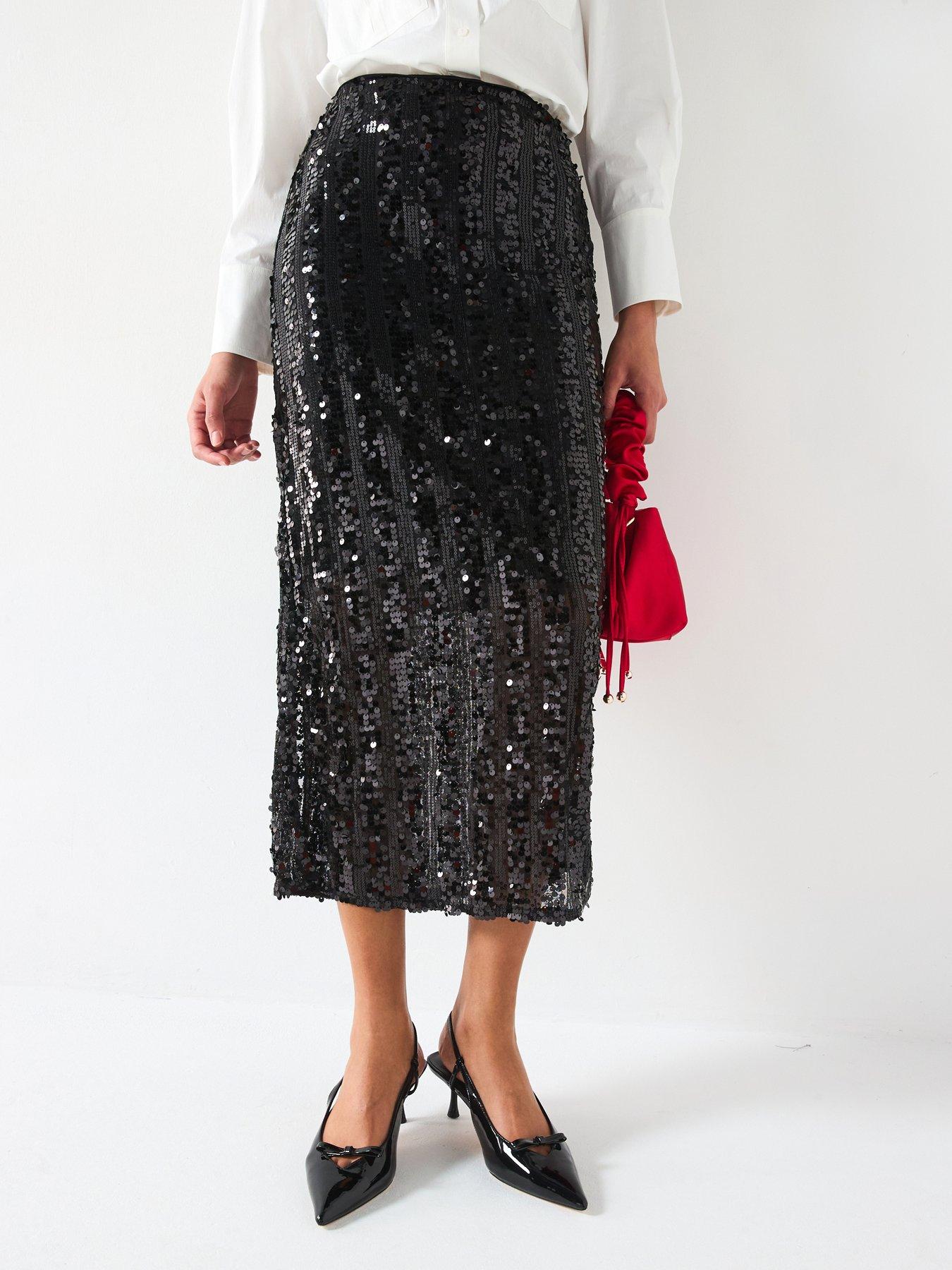 undefined High Waist Sequin Midi Skirt - Black