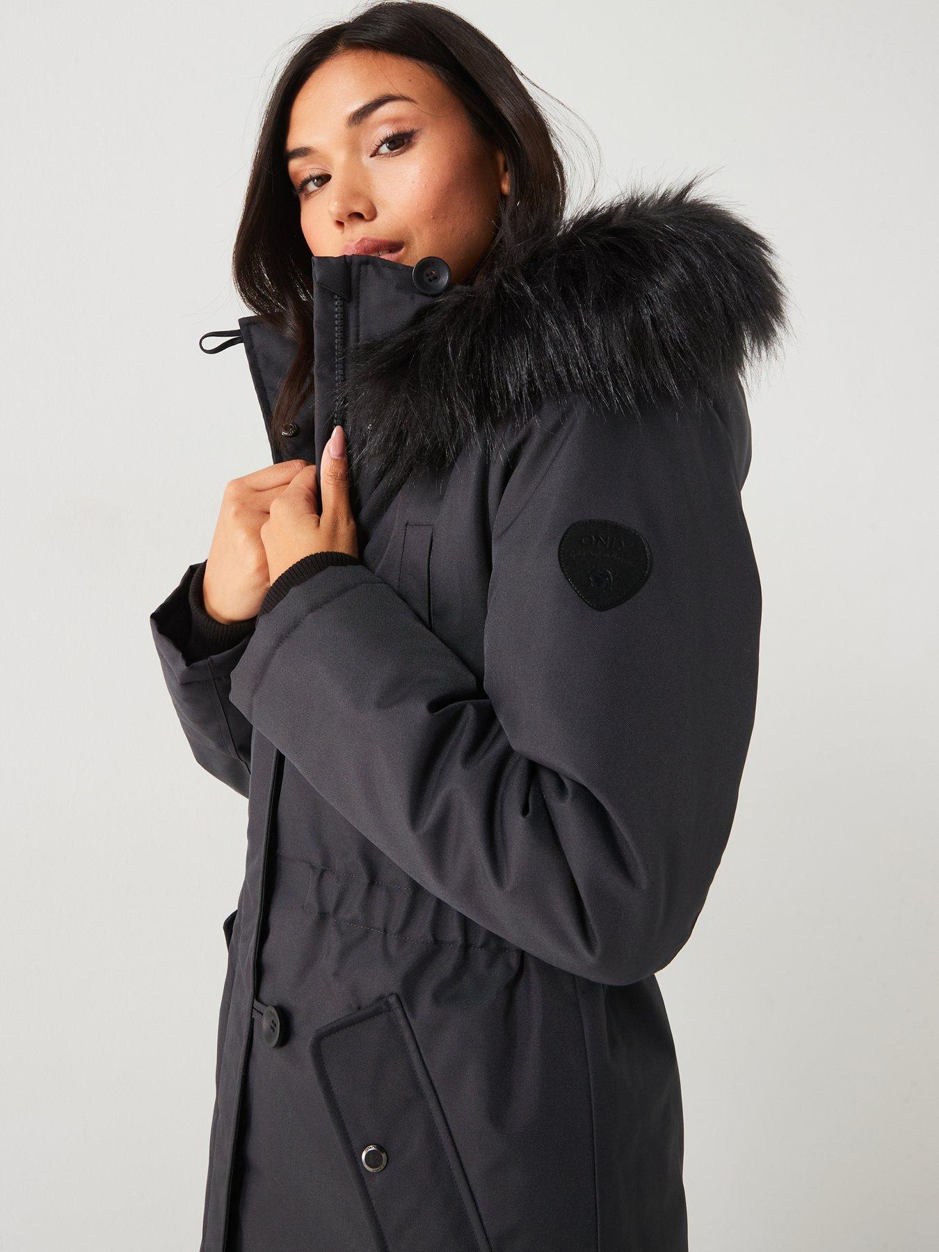 Faux Fur Trim Parka Black