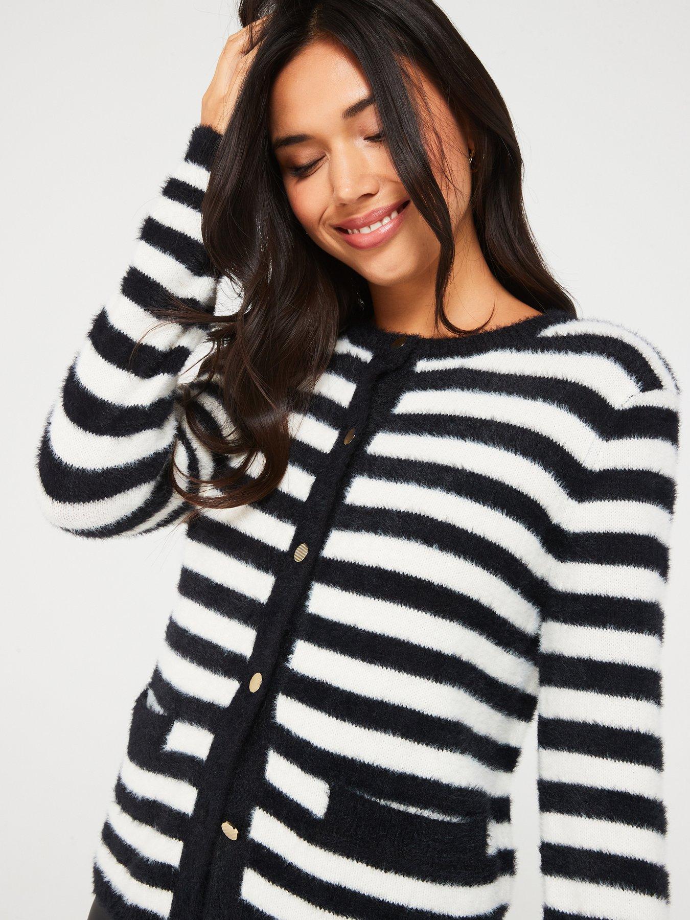 Stripe Shawl Neckline Open Cardigan with Pockets