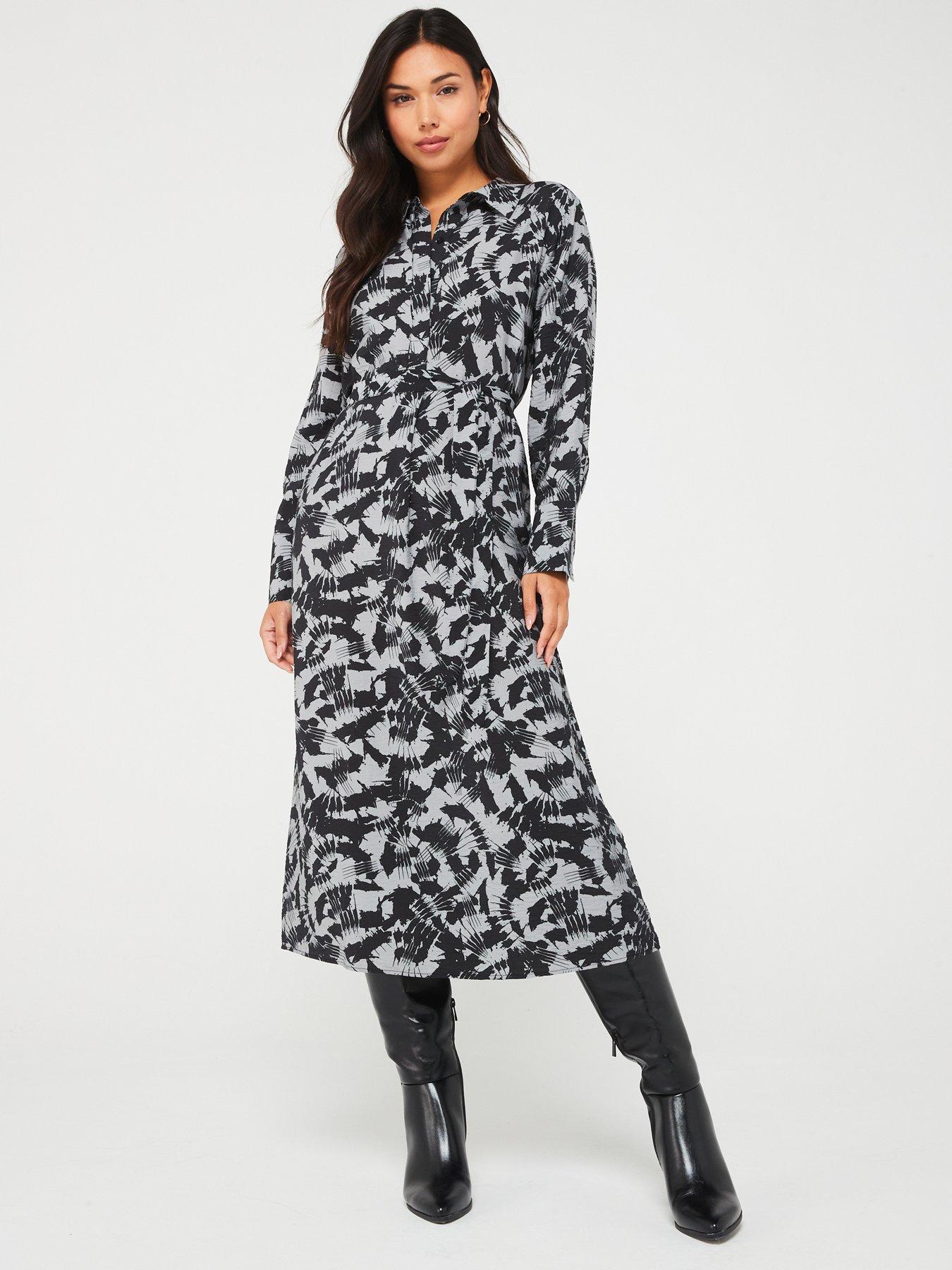 undefined Printed Midi Shirt Dress - Grey