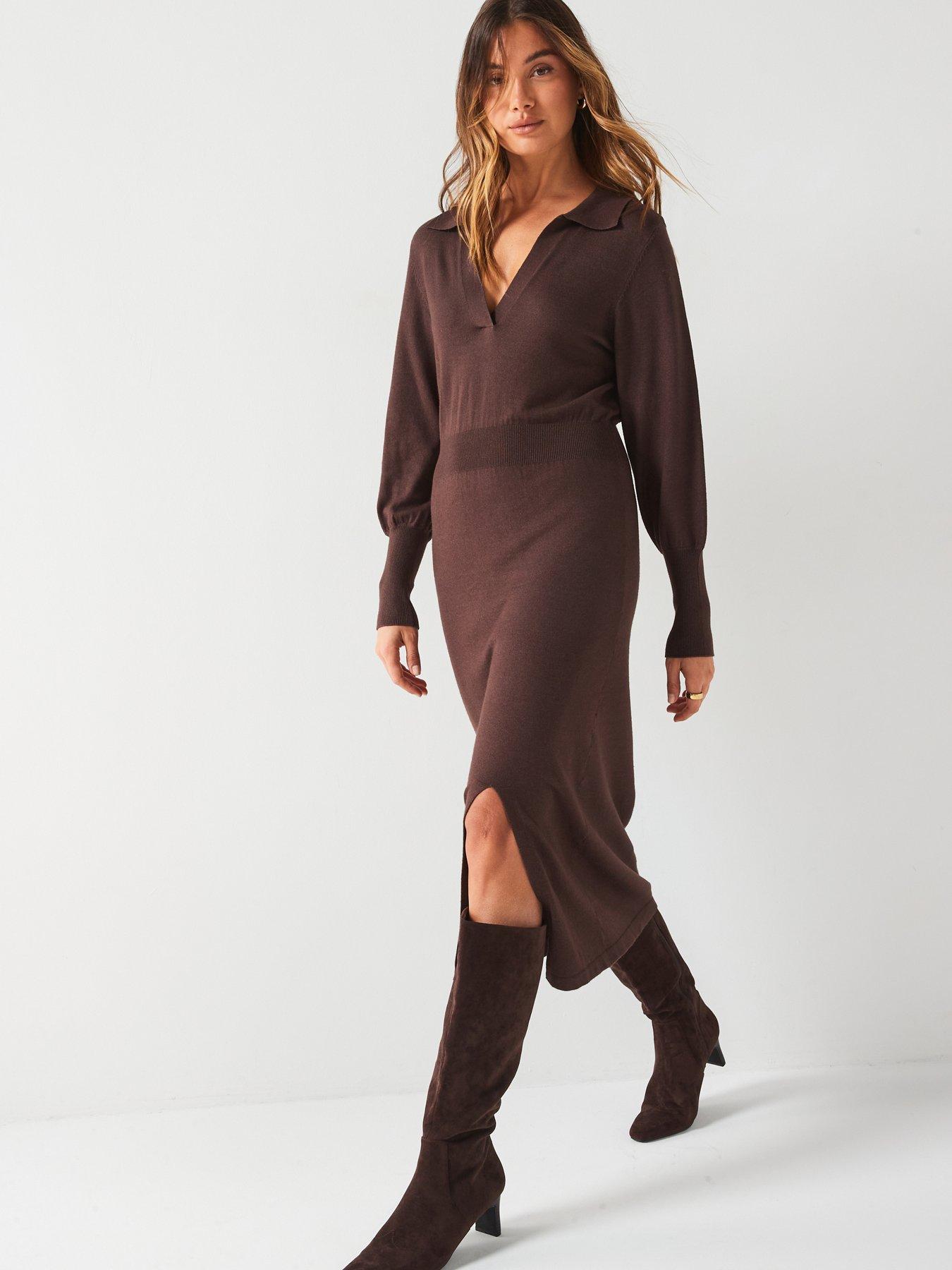 undefined Collar Rib Knit Midi Dress - Brown