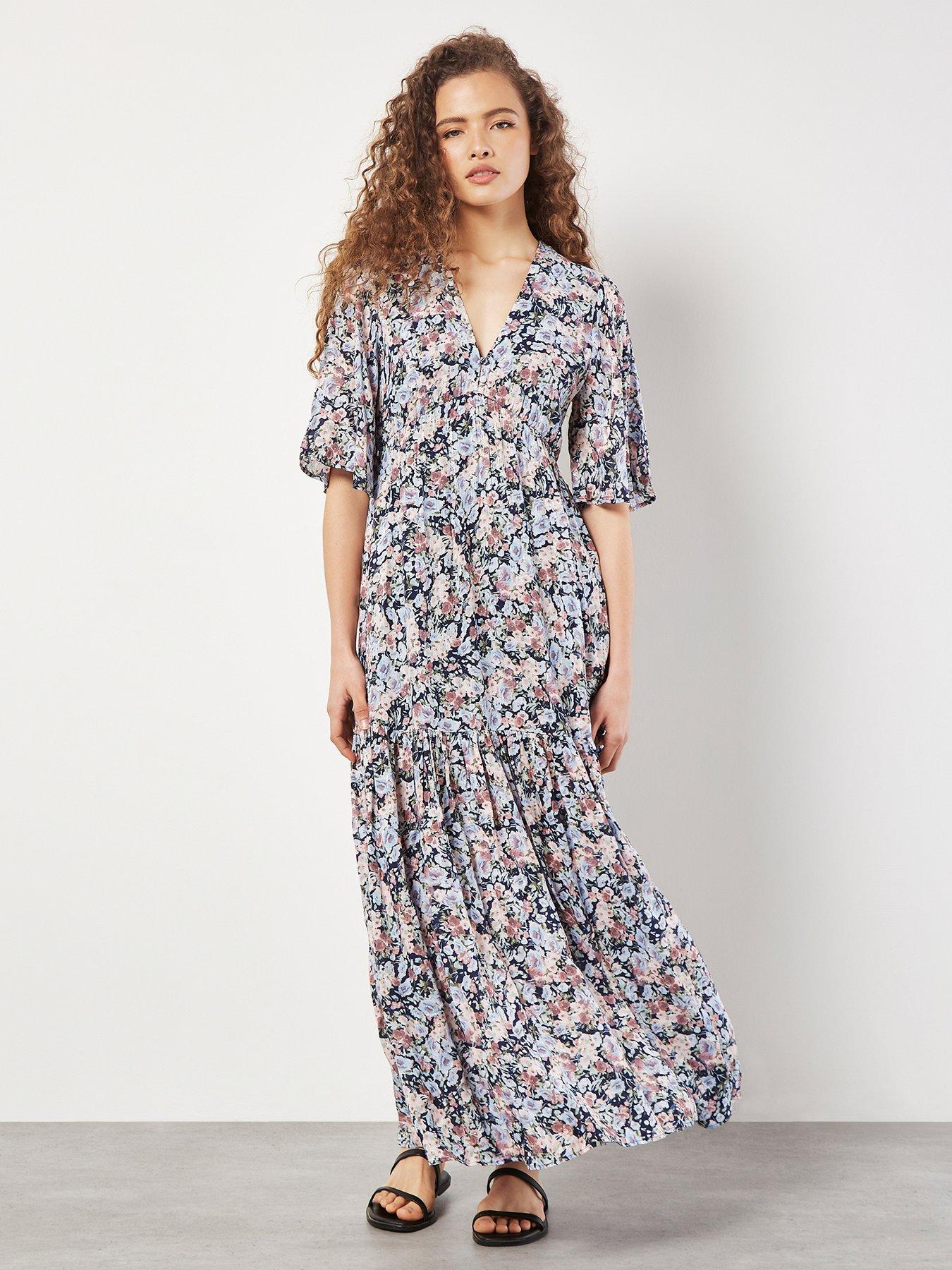 Apricot Watercolour Angel Sleeve Dress - Navy | Very.co.uk