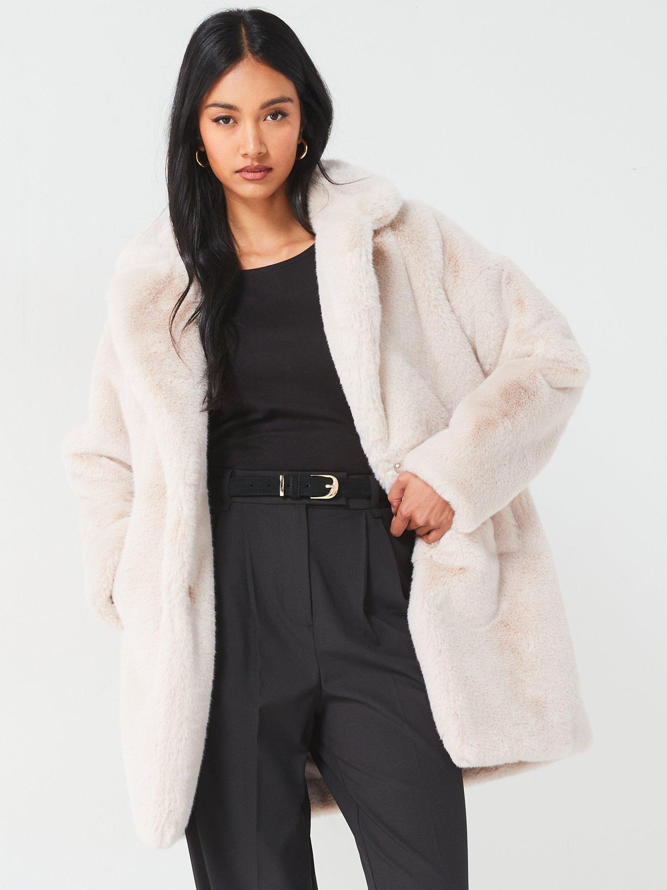 Pale pink faux fur longline coat deals