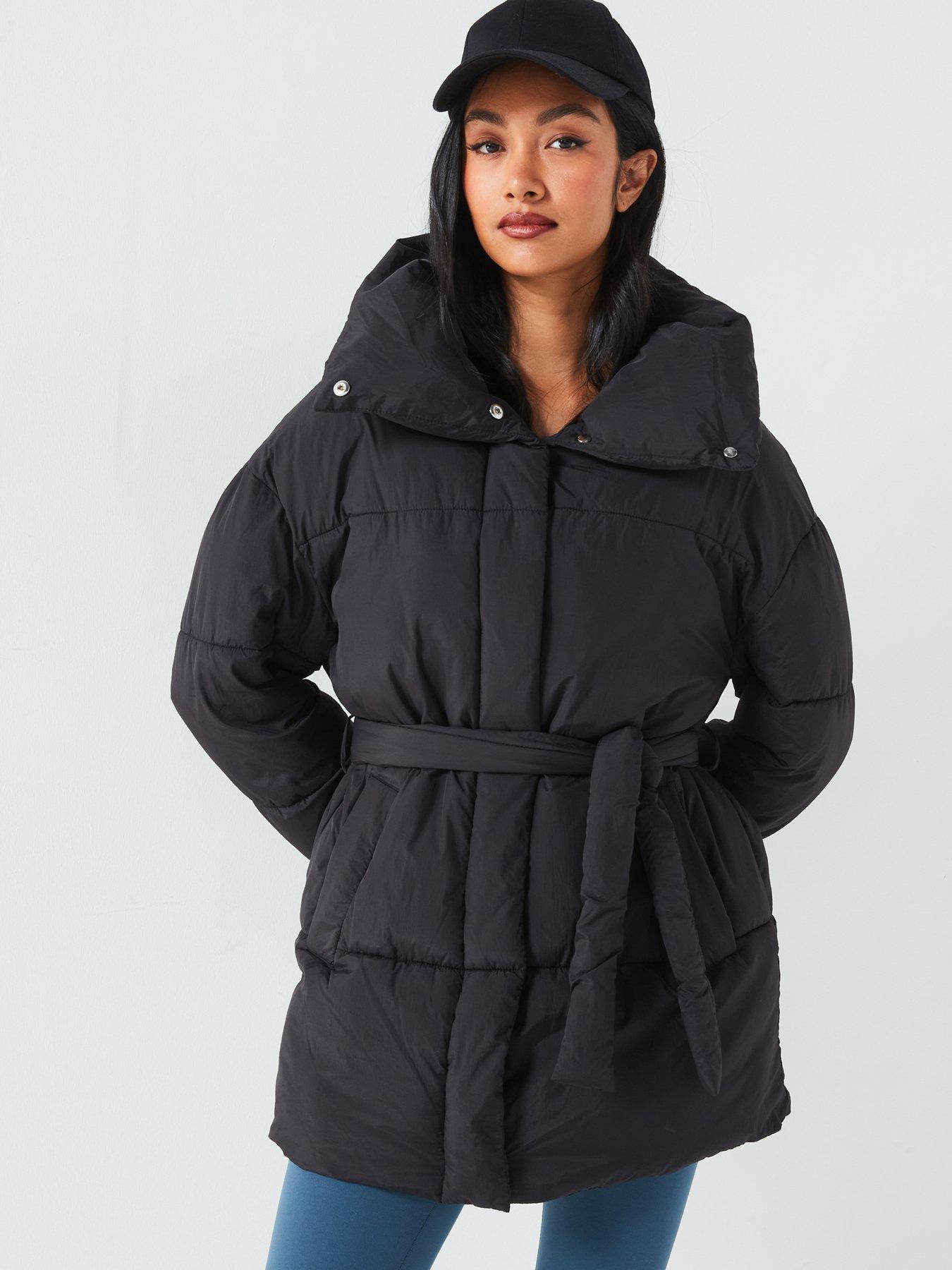 undefined Padded Mid Length Coat With Belt - Black