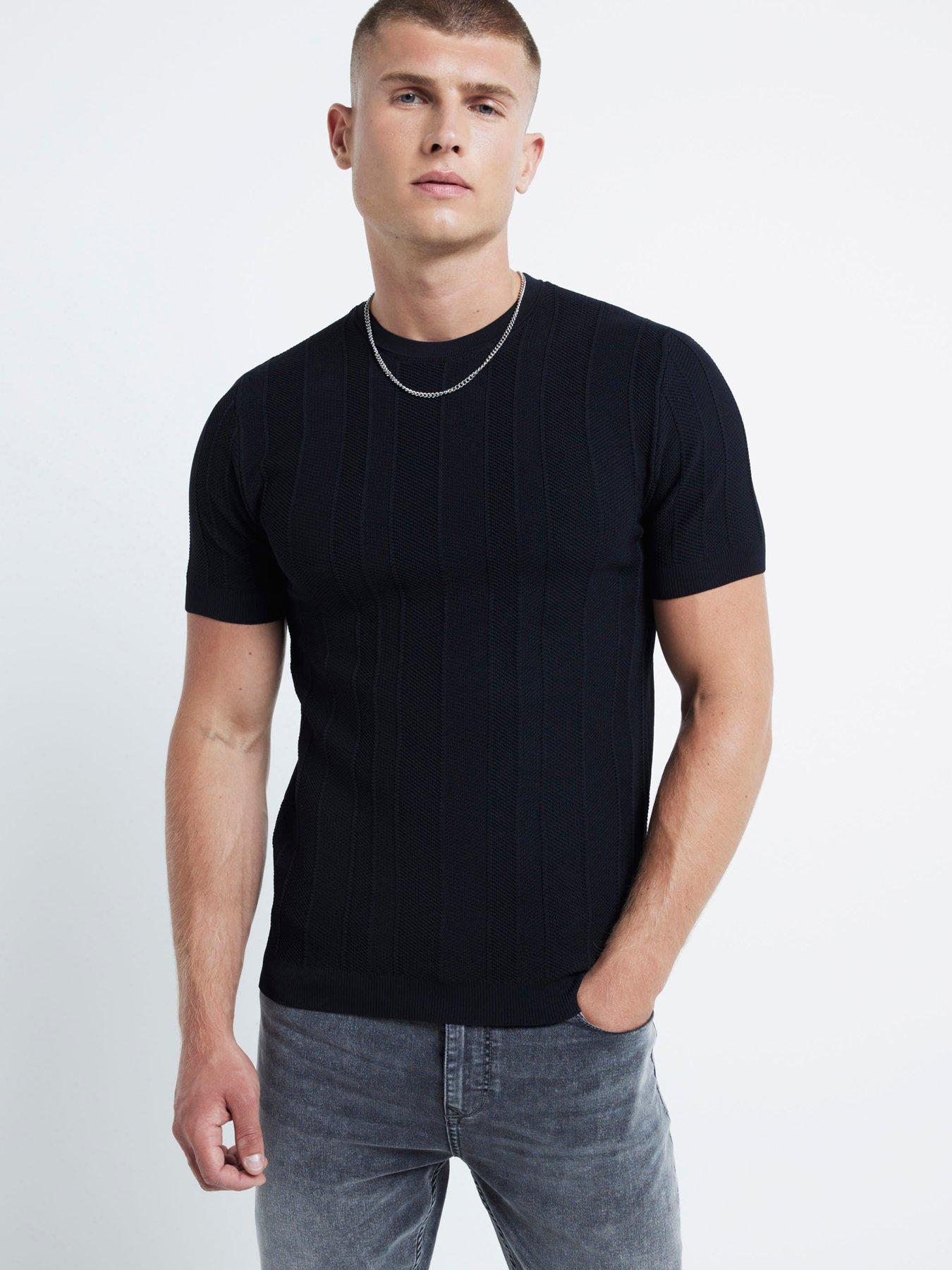 undefined Short Sleeve Knitted Herringbone Muscle Fit T-Shirt - Black