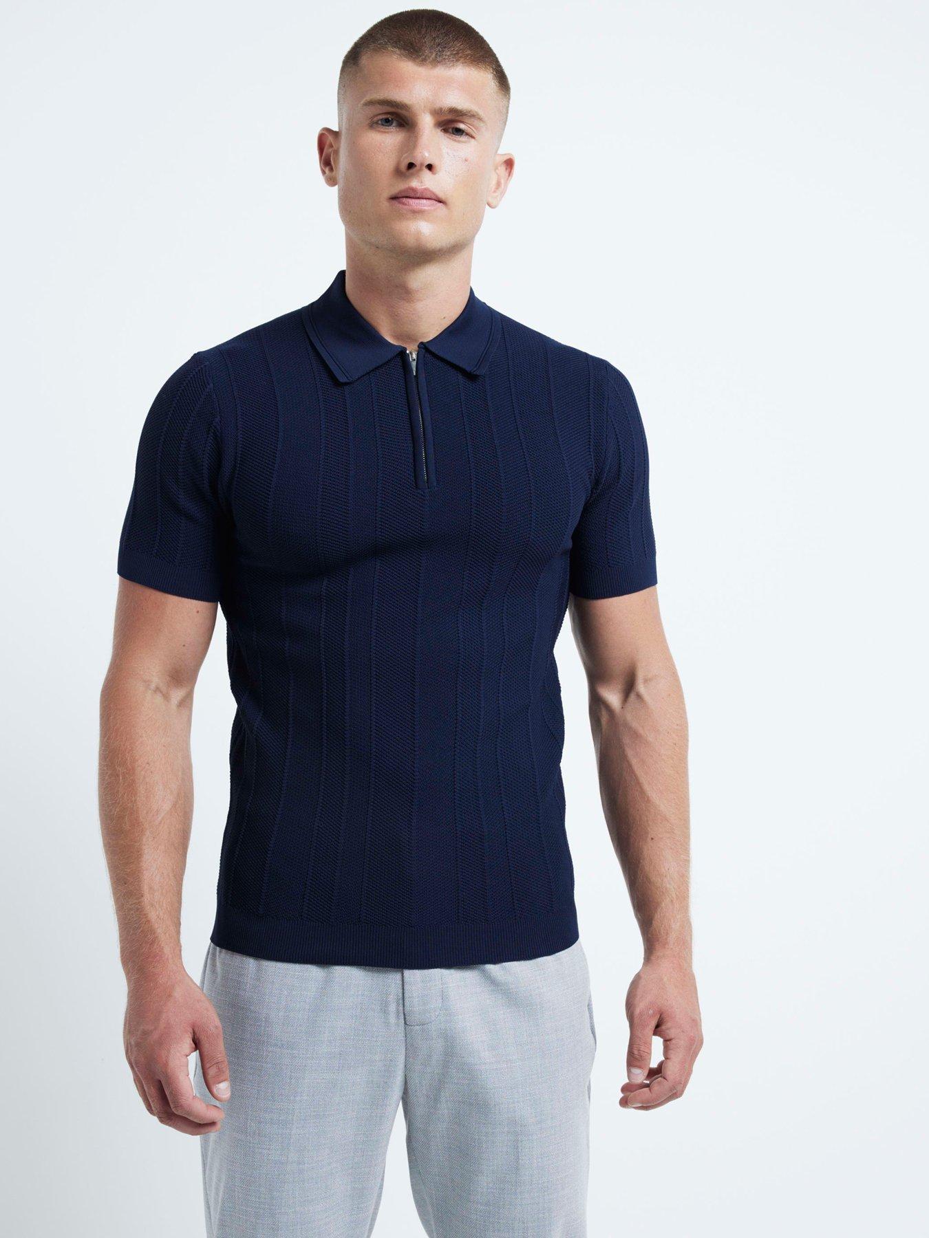 undefined Short Sleeve Knitted Herringbone Muscle Fit Polo Shirt - Navy