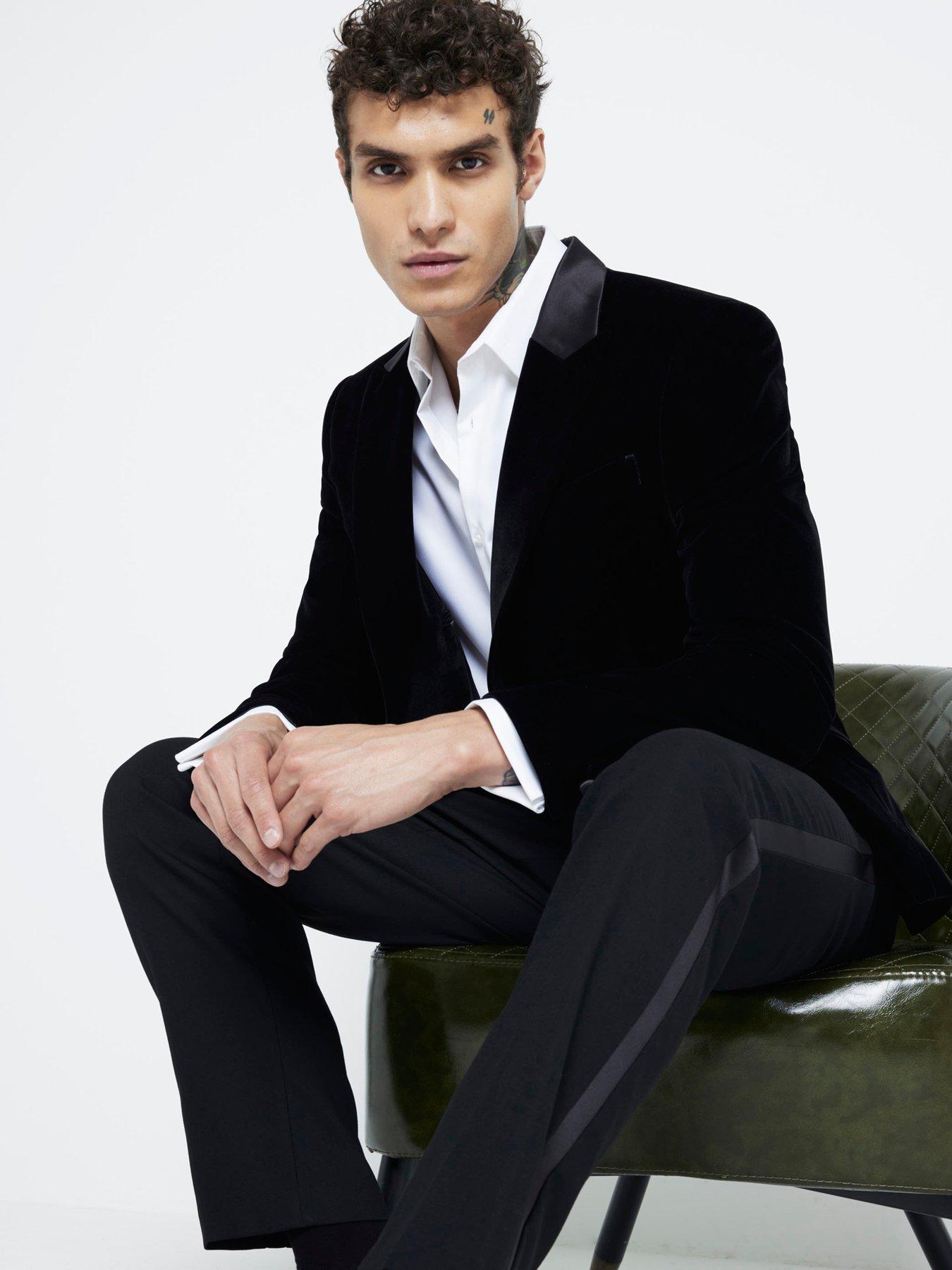 undefined Single Breasted Velvet Tux Suit Jacket - Black