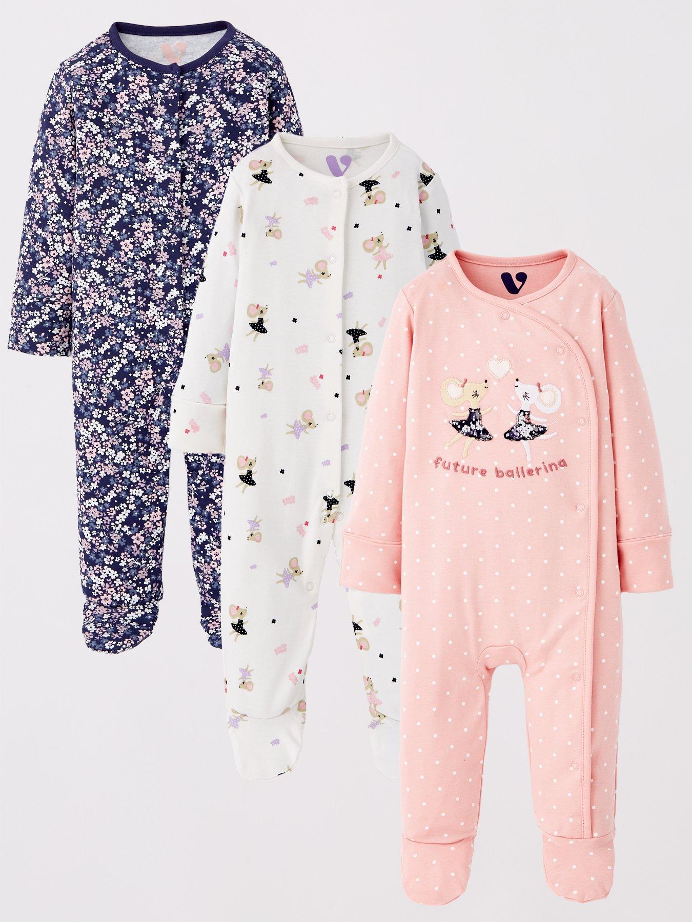 Mini V by Very Girls 3 Pack Bunny Footless Sleepsuits Multi Very