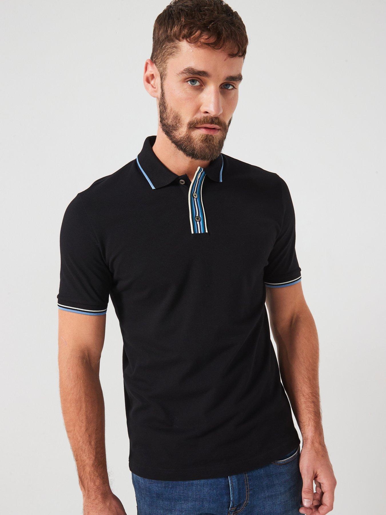 Image 1 of 4 of PS PAUL SMITH Regular Fit Stripe Placket Polo Shirt - Black