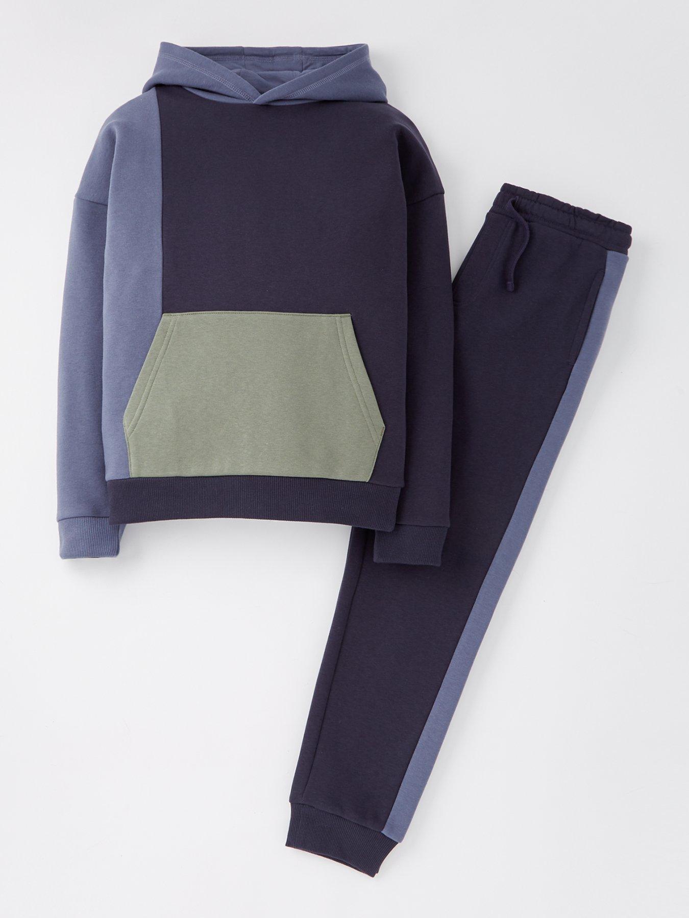 undefined Boys Cut And Sew Hoodie And Jog Set - Khaki/Navy/Grey - Multi