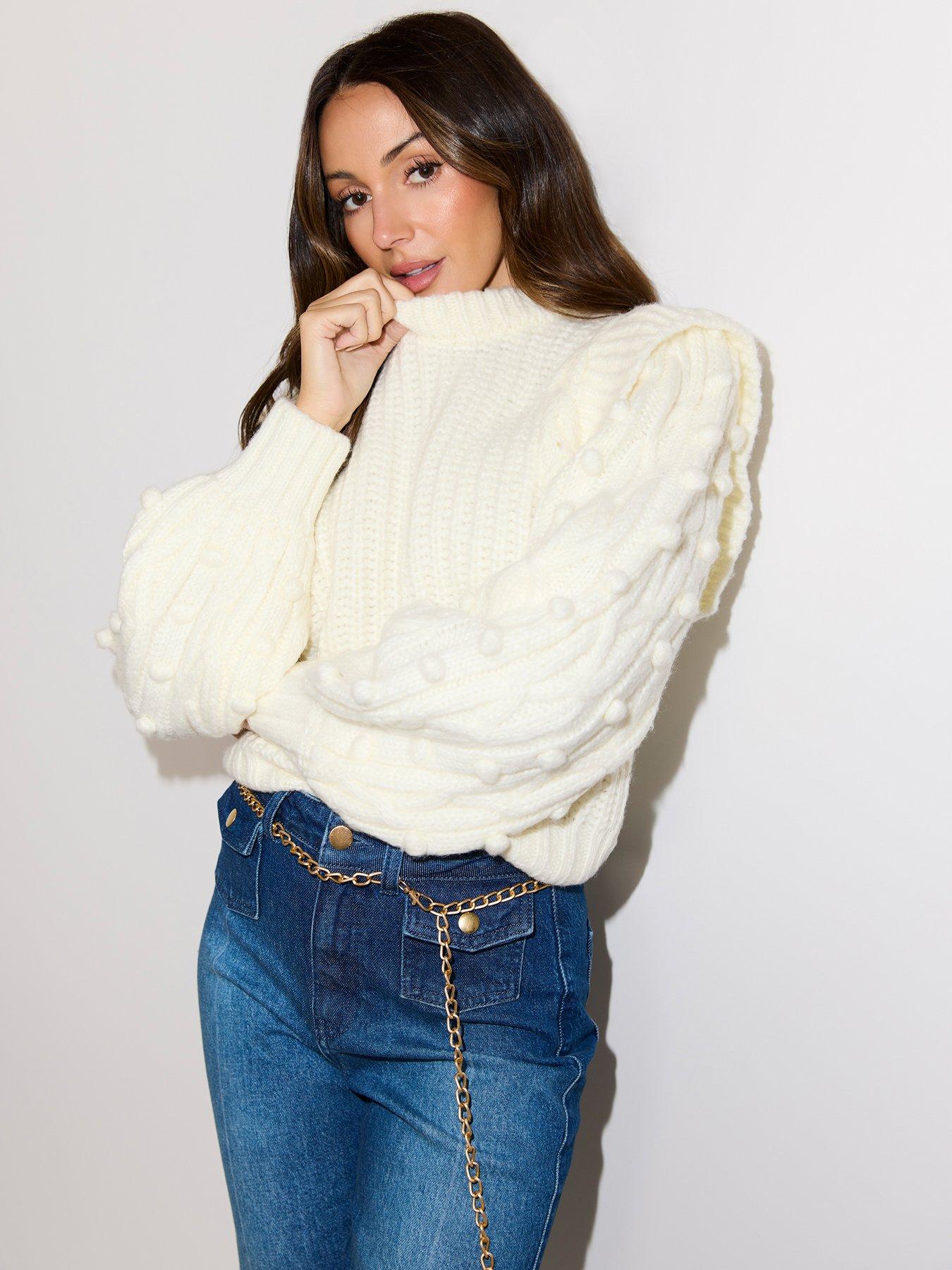 undefined Chunky Knitted Bobble Sleeve Jumper - Cream